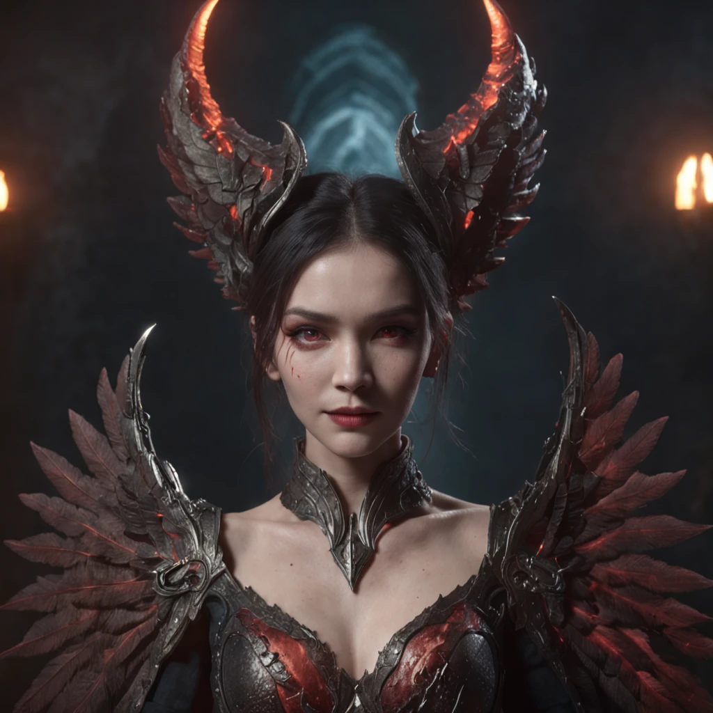 Close-up of a portrait of a woman，cyber punk perssonage，Wings of Magic，The devil incarnate，Dramatic lighting，((((Half-life image on the front)))),Red and blue lights，darkly，divino，perfect compositions，cinmatic lighting，Ultra-delicate skin，Magical world，in the dark castle，A combination of magic and alien technology，Wings，sportrait，whaite hair，Feathered wings，Magic and newcomers combined，Woman bust，mistic，Beutiful women，Dark environment，Divine light，cinematic compositions，perfect compositions，softlighting，Detail light，Playful smile,(Many award-winning masterpieces，The details are incredible, textures and maximum detail), (Hyper-realistic: 1.4), (Realistic: 1.3), ((((Front bust)))))（cyber punk perssonage），Wings，Castle building，Mechanical dare，A combination of futuristic technology and magic，(Highest quality authentic textured skin), Fantasy theme, Black clothes, Black cloak, Network elements, Red light, Blue light, finerly detailed face, ((medieval world)),A close-up of a woman，(Lord's Flame Demon)), (((Lord's Hellfire Demon))) (With a mischievous smile on his face), (Glowing eyes in the dark: 1.5), (A pair of black eyes，A strong red light is emitted from the inside) :1.5), (full-body standing image: 1.5), (Dramaticlight), Wings, (A majestic sight), (Her face is gentle and beautiful, but somehow terrifying), Ears Wear glass earrings, (Dramatic photo: 1.4), (Full body portrait: 1.5), ((dramatic pose)), (blond hairbl), (Silver hair), (Maroon hair), Short hair, ((Looking up)) , ((Look down)), (A simple necklace of exquisite workmanship hangs around the neck), (Bioluminescence that emits a bright glow: 1.3), (Use gorgeous fire magic: 1.2), (swirling fire), Devil's Cathedral, The Devil's Grand Shrine, great temple, great cathedral, Temple ruins, Freestanding temple, (Luminous magic circle), Ancient Castle Site, Shine majestic clouds and sky, Lightning, Epic reality, fading, art, (greg rutkovsky: 0.8), (Teal and orange: 0.4), (art stations: 1.5), Cinematic, ((com cores neutras)), (hdr: 1.5), (Pastel colors: 1.2), Ultra detailed, Dramaticlight, (complexdetails: 1.1), the complex background,