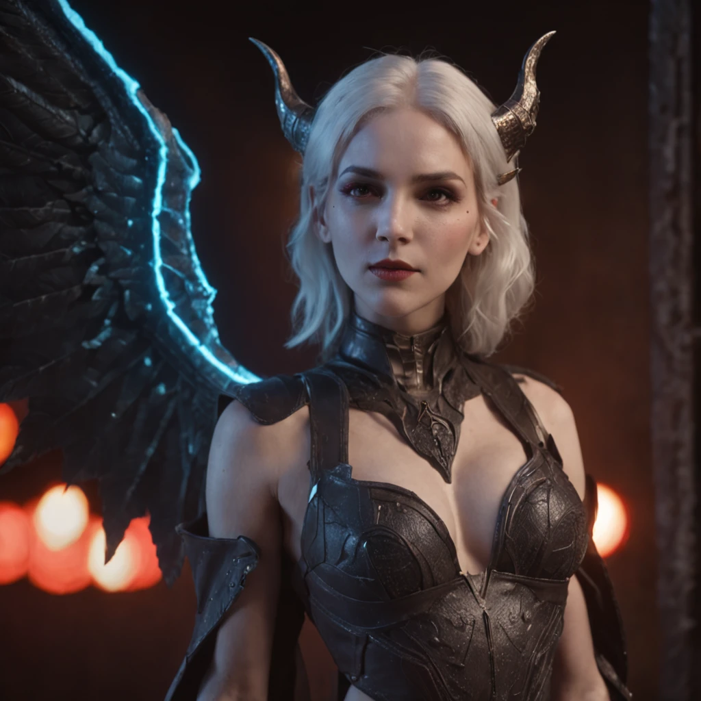 Close-up of a portrait of a woman,cyber punk perssonage,Wings of Magic,The devil incarnate,Dramatic lighting,((((Half-life image on the front)))),Red and blue lights,darkly,divino,perfect compositions,cinmatic lighting,Ultra-delicate skin,Magical world,in the dark castle,A combination of magic and alien technology,Wings,sportrait,whaite hair,Feathered wings,Magic and newcomers combined,Woman bust,mistic,Beutiful women,Dark environment,Divine light,cinematic compositions,perfect compositions,softlighting,Detail light,Playful smile,(Many award-winning masterpieces,The details are incredible, textures and maximum detail), (Hyper-realistic: 1.4), (Realistic: 1.3), ((((Front bust)))))(cyber punk perssonage),Wings,Castle building,Mechanical dare,A combination of futuristic technology and magic,(Highest quality authentic textured skin), Fantasy theme, Black clothes, Black cloak, Network elements, Red light, Blue light, finerly detailed face, ((medieval world)),A close-up of a woman,(Lord's Flame Demon)), (((Lord's Hellfire Demon))) (With a mischievous smile on his face), (Glowing eyes in the dark: 1.5), (A pair of black eyes,A strong red light is emitted from the inside) :1.5), (full-body standing image: 1.5), (Dramaticlight), Wings, (A majestic sight), (Her face is gentle and beautiful, but somehow terrifying), Ears Wear glass earrings, (Dramatic photo: 1.4), (Full body portrait: 1.5), ((dramatic pose)), (blond hairbl), (Silver hair), (Maroon hair), Short hair, ((Looking up)) , ((Look down)), (A simple necklace of exquisite workmanship hangs around the neck), (Bioluminescence that emits a bright glow: 1.3), (Use gorgeous fire magic: 1.2), (swirling fire), Devil's Cathedral, The Devil's Grand Shrine, great temple, great cathedral, Temple ruins, Freestanding temple, (Luminous magic circle), Ancient Castle Site, Shine majestic clouds and sky, Lightning, Epic reality, fading, art, (greg rutkovsky: 0.8), (Teal and orange: 0.4), (art stations: 1.5), Cinematic, ((com cores neutras)), (hdr: 1.5), (Pastel colors: 1.2), Ultra detailed, Dramaticlight, (complexdetails: 1.1), the complex background,