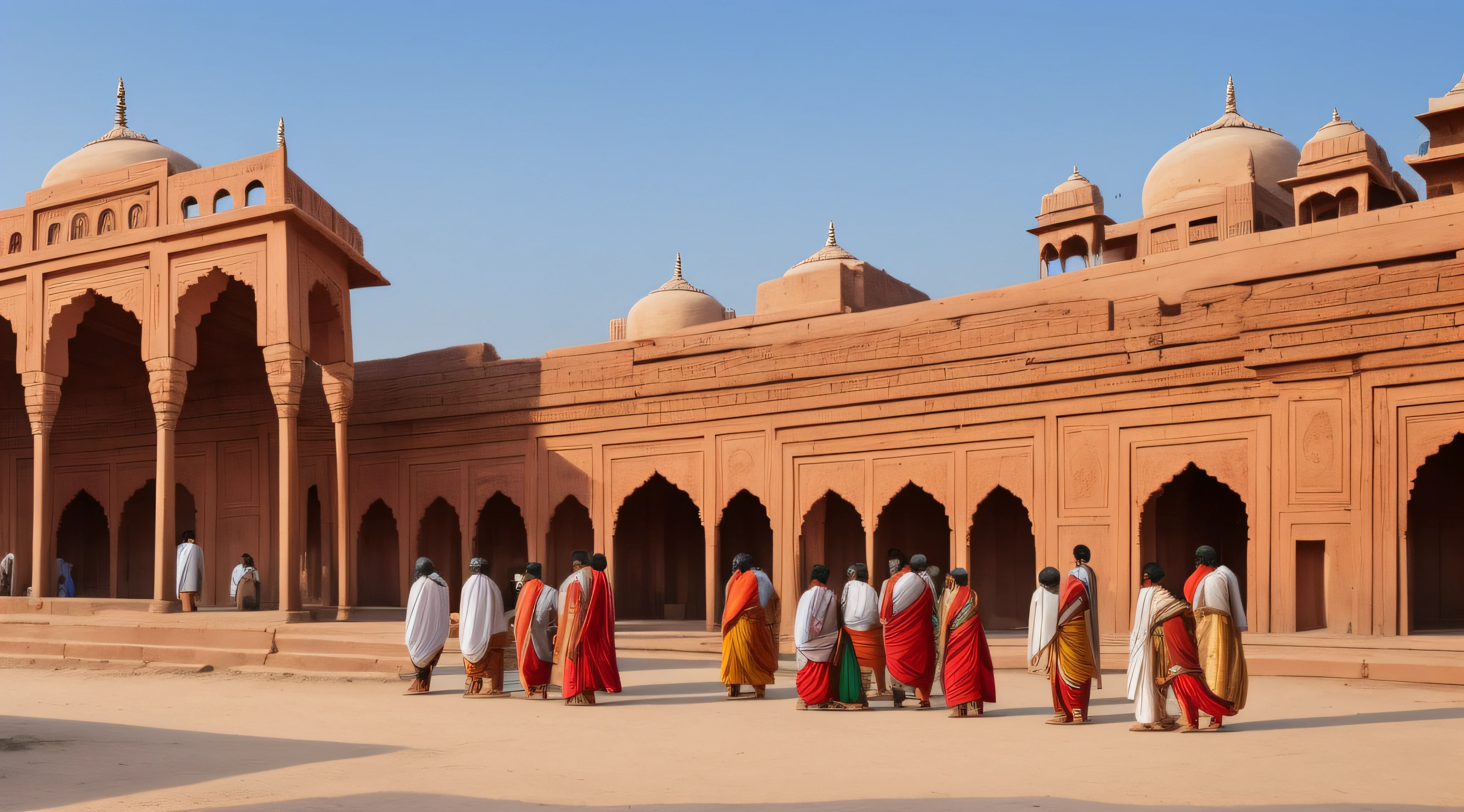 A group of ancient Indians with morning glory，The background is the architecture of India