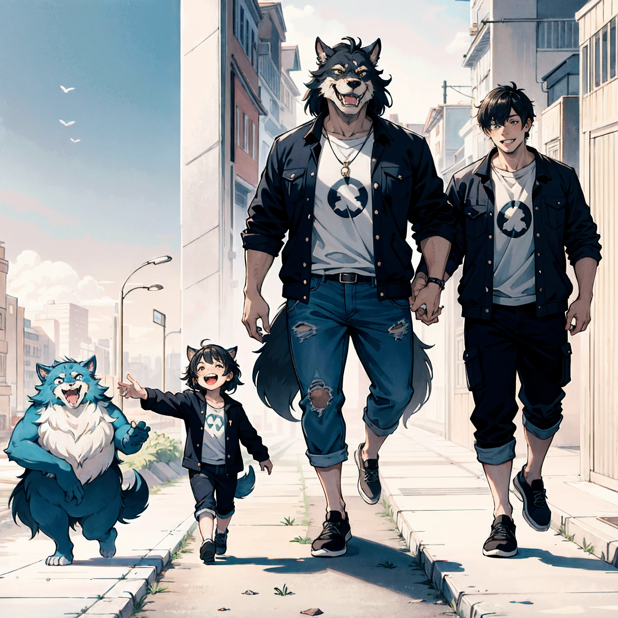 highres, unparalleled masterpiece, absurdres, love story of human Child girl and giant Werewolf, pair, Height difference, Physical difference, perfect anatomy, smile, joyful, play with, smile, happy, facial expressions, full body,