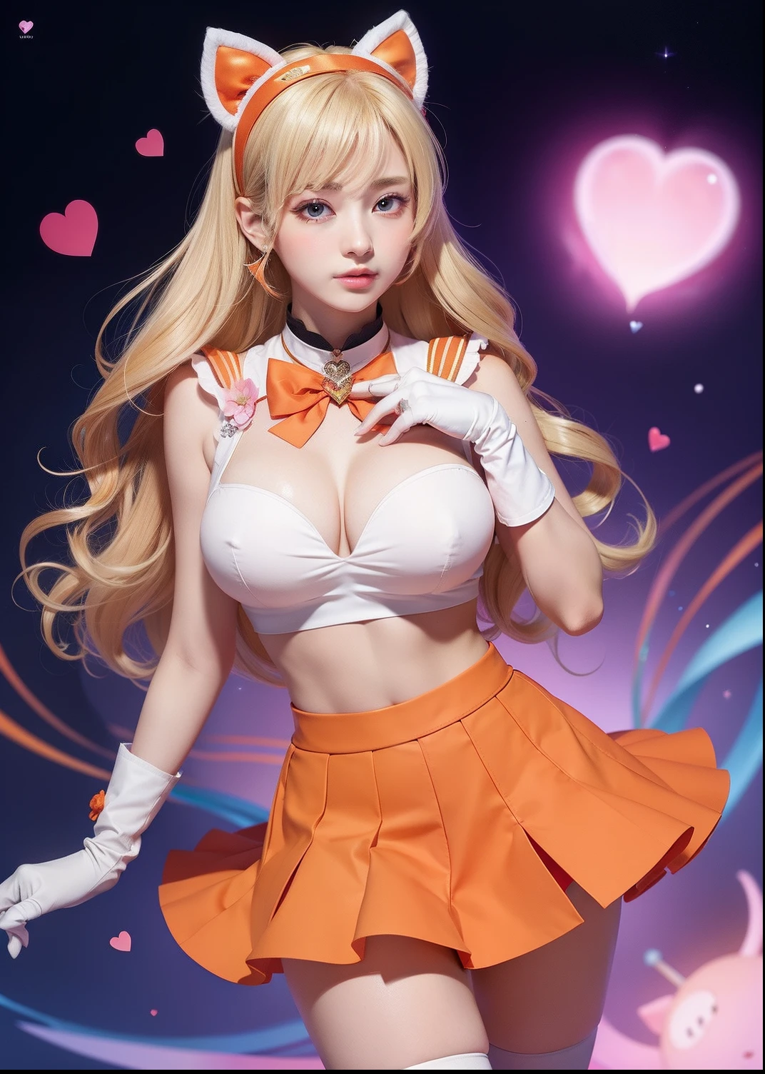 (tmasterpiece,best qualtiy;1.3),extremaly detailed cg,ultra - detailed,1girll,独奏,ssmile,looking at viewert,full bodyesbian,Stylish Ungle,Long blonde hair,Good looking eyes SV1,Sailor Senshi Uniform,orangeskirt,Orange high heels,gloves on the elbow,head gear,Orange sailor collar,red bow,Orange necklace,whitegloves,jewely, Many hearts, sface focus, venus, tornado, abstract backgrounds, Heartstorm, Hart beam, Heart bubbles, Heart bath, Halt Star, Heart flower, Heart lamp, The world of the heart, heartbackground, galaxy background, Heart weapons, Heart aura,