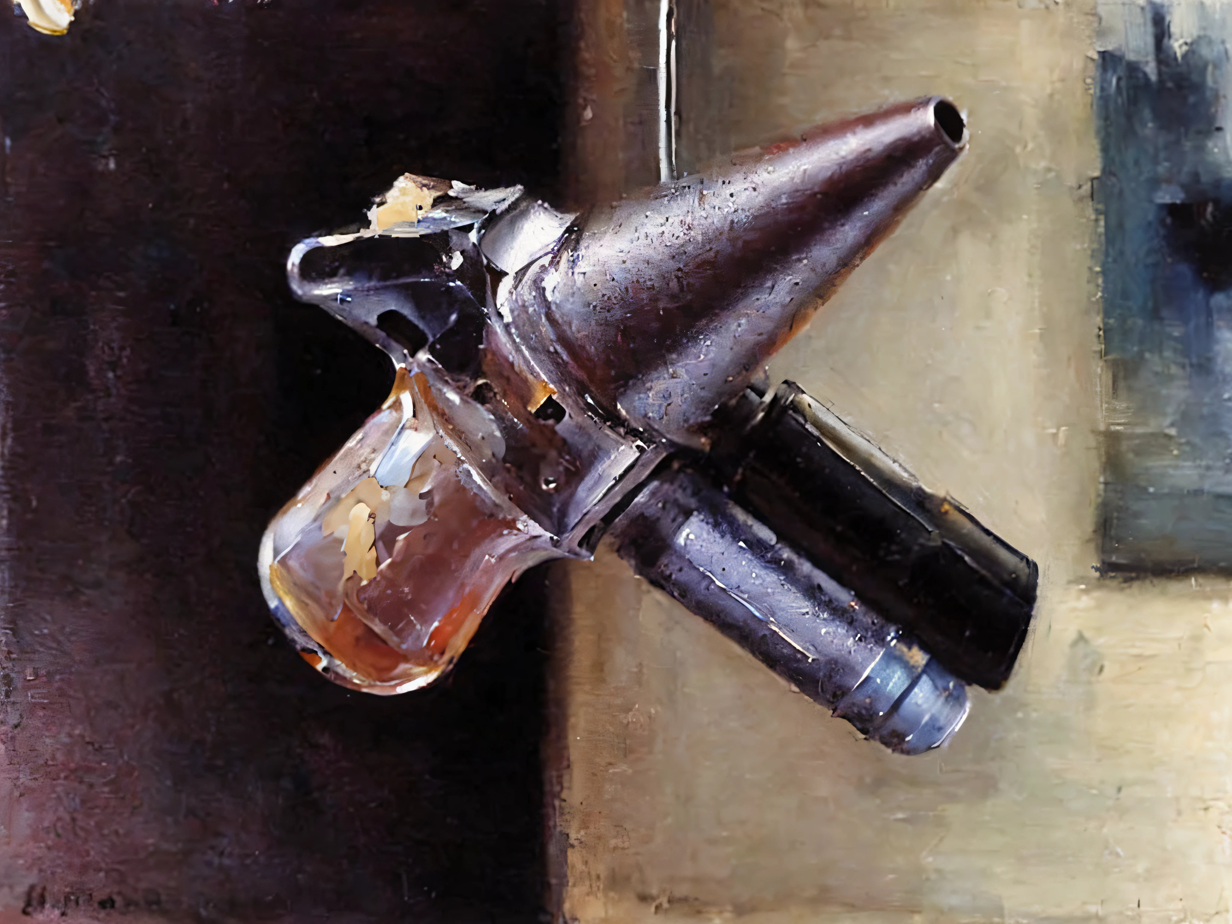 (masterpiece best quality oil painting:1.2, two bullets collide in mid-air, one bullet penetrates the other in the air, one bullet shot through other bullet, perpendicular