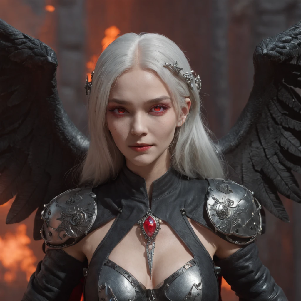 (Many award-winning masterpieces,The details are incredible, textures and maximum detail), (Hyper-realistic: 1.4), (Realistic: 1.3), ((((Front half)))))(cyber punk perssonage),Wings,whaite hair,Castle building,Mechanical dare,A combination of futuristic technology and magic,(Highest quality authentic textured skin), Fantasy theme, Black clothes, Black cloak, Network elements, Red light, Blue light, finerly detailed face, ((medieval world)),A close-up of a woman,(Lord's flame), (With a mischievous smile on his face), (Glowing eyes in the dark: 1.5), (A pair of black eyes,A strong red light is emitted from the inside) :1.5), (full-body standing image: 1.5), (Dramaticlight), Wings, (A majestic sight), (Her face is gentle and beautiful, but somehow terrifying), Ears Wear glass earrings, (Dramatic photo: 1.4), (Full body portrait: 1.5), ((dramatic pose)), (blond hairbl), (Silver hair), (Maroon hair), Short hair, ((Looking up)) , ((Look down)), (A simple necklace of exquisite workmanship hangs around the neck), (Bioluminescence that emits a bright glow: 1.3), (Use gorgeous fire magic: 1.2), (swirling fire), Devil's Cathedral, The Devil's Grand Shrine, great temple, great cathedral, Temple ruins, Freestanding temple, (Luminous magic circle), Ancient Castle Site, Shine majestic clouds and sky, Lightning, Epic reality, fading, art, (greg rutkovsky: 0.8), (Teal and orange: 0.4), (art stations: 1.5), Cinematic, ((com cores neutras)), (hdr: 1.5), (Pastel colors: 1.2), Ultra detailed, Dramaticlight, (complexdetails: 1.1), the complex background,