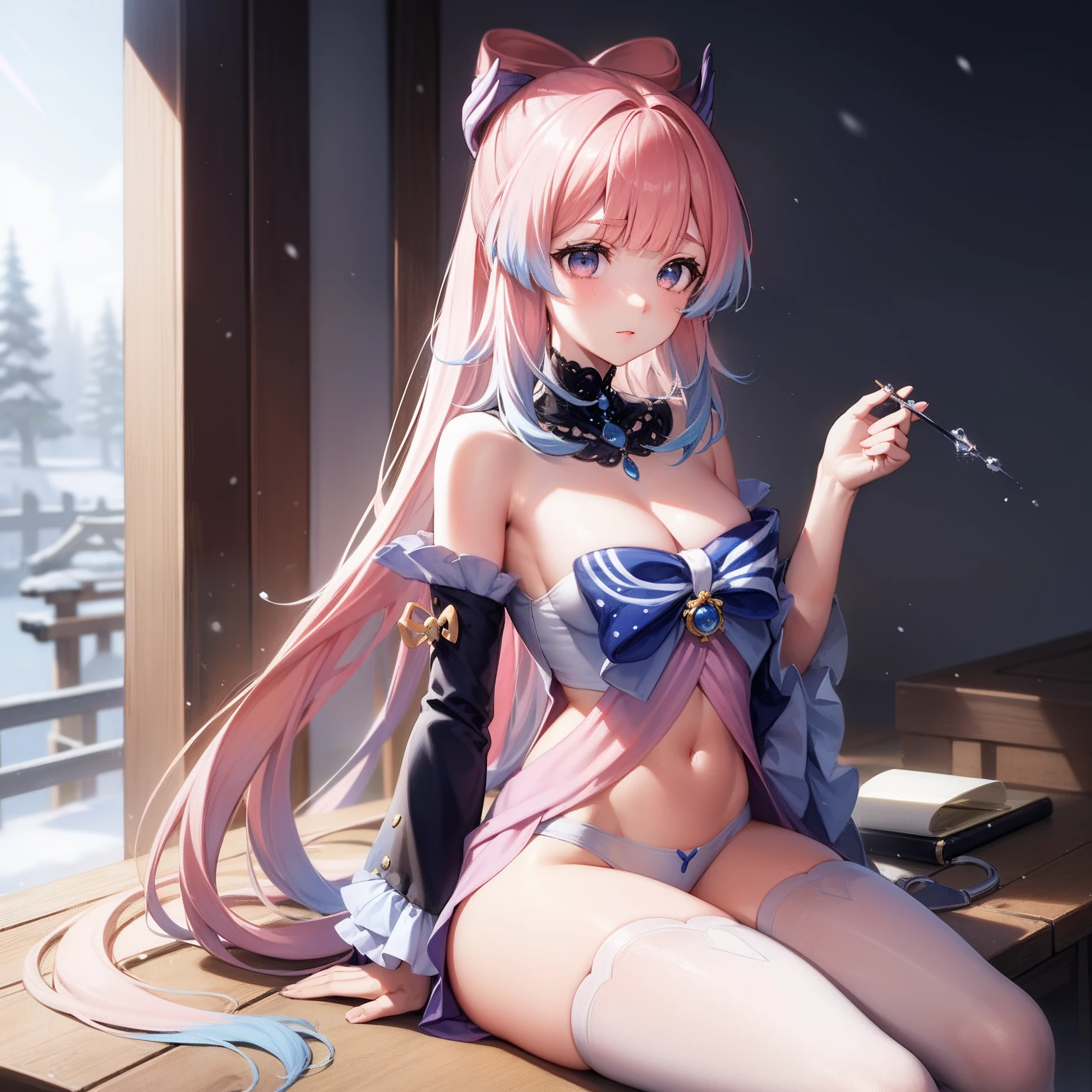 Kizi，Fair skin，Snow-white eyes of wisdom，Exquisite facial features，sittinng on the desk，white  panties，Pink hair，long hair floating in the wind，Support your body with your hands，Hair on the chest，Open your legs