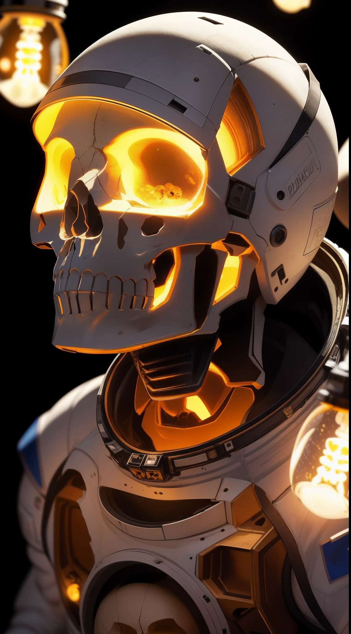 absurderes, Intricate details, Masterpiece, Best quality, high resolution, 8K, (Skeleton in astronaut spacesuit:1.2), (skull:1.3), (Broken helmet:1.4), (Colored bulbs:1.3), Spacesuit, Lunar surface, craters, Black sky, stars, Shoot on camera Canon 1DX, 50 mm f/2.8lens, primitive, author：Paul Zizka