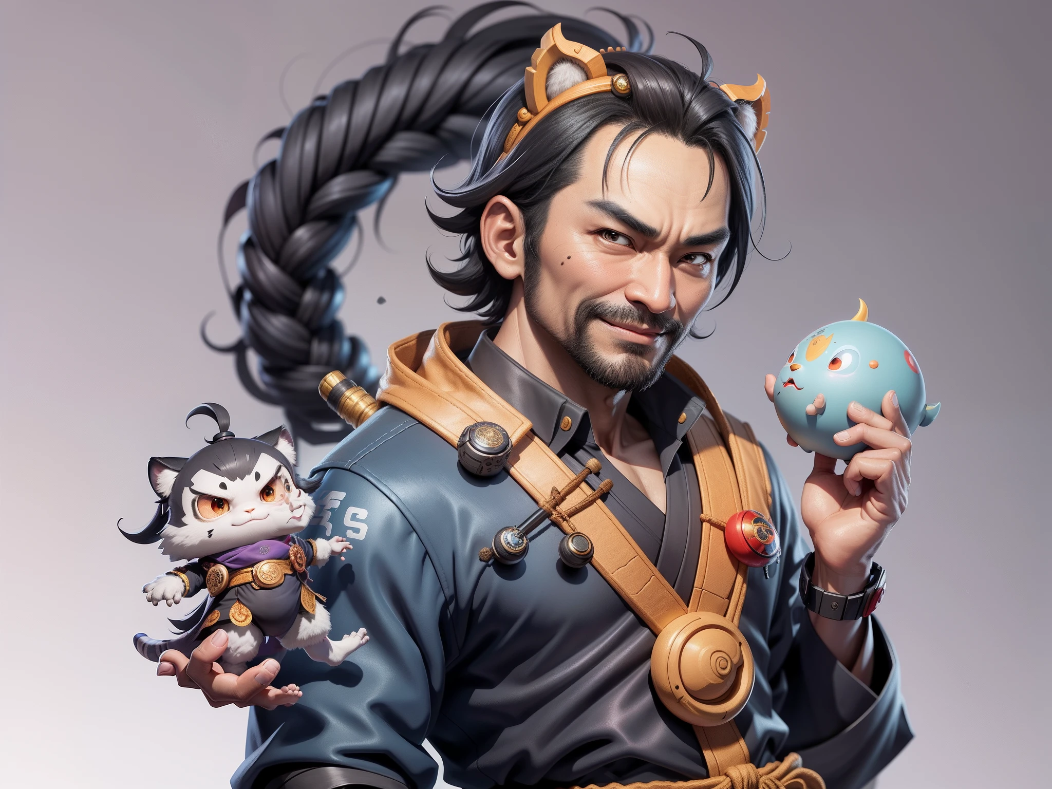 (Daisaku),(Need),(Super meticulous),(full bodyesbian:1.2),Super young man with Japanese geisha,Beautiful,orient,one tiger,Aeolian Thor,Raised sexy,爆乳,Oriental face,TV Anchor,Bust portrait illustration,In black suit,a blue tie,The face is slightly chubby,The face was clean,without a beard,Black super short hair,Black eyes,Smile confidently,3C computer sub-products,iPad, iphone,Digital painting,3D character design by Mark Clairen and Pixar and Hayao Miyazaki and Akira Toriyama,The illustration is a high-definition illustration in 4K resolution,With very detailed facial features and cartoon-style visuals。