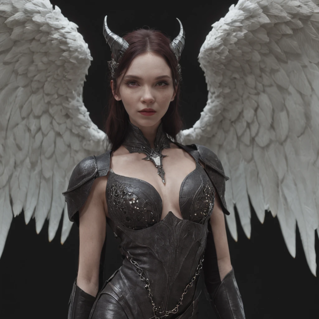 Close-up of a portrait of a woman,cyber punk perssonage,Wings of Magic,The devil incarnate,Dramatic lighting,((((Half-life image on the front)))),Red and blue lights,darkly,divino,long whitr hair,perfect compositions,cinmatic lighting,Ultra-delicate skin,Magical world,in the dark castle,A combination of magic and alien technology,Wings,sportrait,whaite hair,Feathered wings,Magic and newcomers combined,Woman bust,mistic,Beutiful women,Dark environment,Divine light,cinematic compositions,perfect compositions,softlighting,Detail light,Playful smile,(Many award-winning masterpieces,The details are incredible, textures and maximum detail), (Hyper-realistic: 1.4), (Realistic: 1.3), ((((Front bust)))))(cyber punk perssonage),Wings,Castle building,Mechanical dare,A combination of futuristic technology and magic,(Highest quality authentic textured skin), Fantasy theme, Black clothes, Black cloak, Network elements, Red light, Blue light, finerly detailed face, ((medieval world)),A close-up of a woman,(Lord's Flame Demon)), (((Lord's Hellfire Demon))) (With a mischievous smile on his face), (Glowing eyes in the dark: 1.5), (A pair of black eyes,A strong red light is emitted from the inside) :1.5), (full-body standing image: 1.5), (Dramaticlight), Wings, (A majestic sight), (Her face is gentle and beautiful, but somehow terrifying), Ears Wear glass earrings, (Dramatic photo: 1.4), (Full body portrait: 1.5), ((dramatic pose)), (blond hairbl), (Silver hair), (Maroon hair), Short hair, ((Looking up)) , ((Look down)), (A simple necklace of exquisite workmanship hangs around the neck), (Bioluminescence that emits a bright glow: 1.3), (Use gorgeous fire magic: 1.2), (swirling fire), Devil's Cathedral, The Devil's Grand Shrine, great temple, great cathedral, Temple ruins, Freestanding temple, (Luminous magic circle), Ancient Castle Site, Shine majestic clouds and sky, Lightning, Epic reality, fading, art, (greg rutkovsky: 0.8), (Teal and orange: 0.4), (art stations: 1.5), Cinematic, ((com cores neutras)), (hdr: 1.5), (Pastel colors: 1.2), Ultra detailed, Dramaticlight, (complexdetails: 1.1), the complex background,