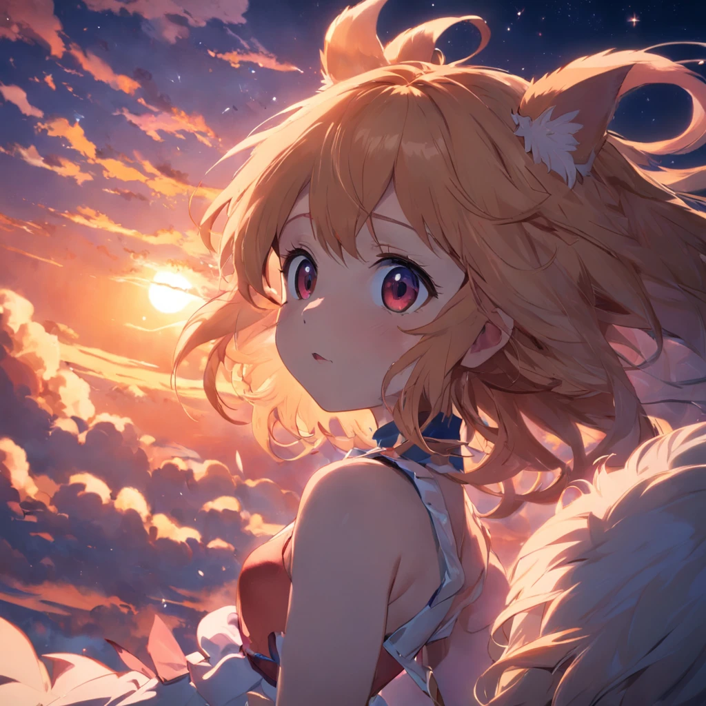 tmasterpiece,best qualtiy,cinematic Film still from,1girl,furry,Floating in the sky,closeup cleavage,brightly,cheerfulness,Warm and soft lighting,the sunset,(spark of light:0.7)