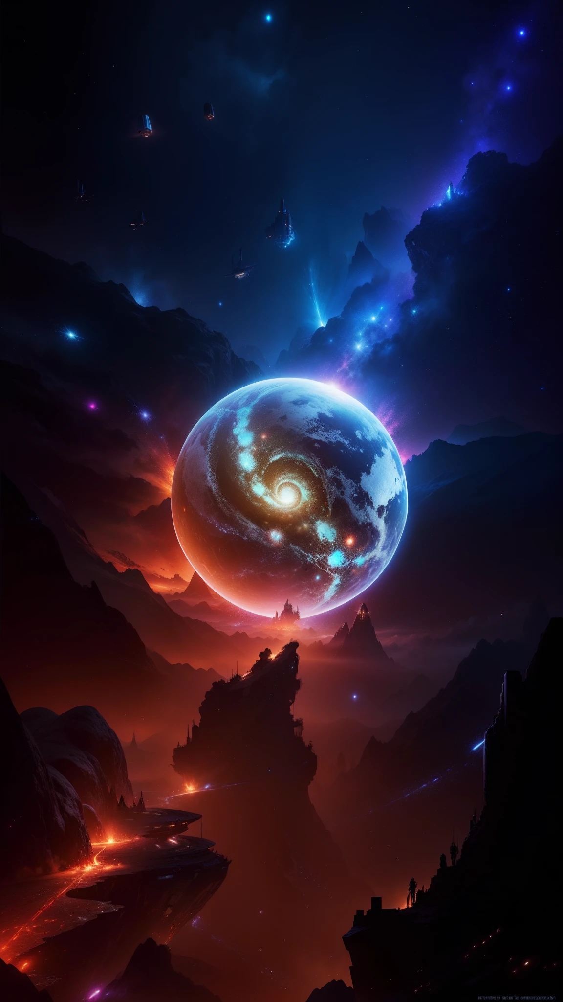 arafed view of a space scene with a spiral galaxy, epic beautiful space scifi, surreal space, endless cosmos in the background, 4k highly detailed digital art, space fractal gradient, galaxy space sci - fi, universe, fantasy space, cosmic space, dimension of infinite space, portal to outer space, interstellar vortex through time, multiverse portal, spaceships flying over a futuristic city with a mountain in the background, epic fantasy sci fi illustration, sci-fi fantasy wallpaper, sci-fi digital art illustration, sci fi artwork, alien space ships, detailed sci-fi art, epic scifi fantasy art, sci fi digital painting, sci-fi digital painting, beautiful sci fi art, scifi artm, futuristic city with a futuristic spaceship and a futuristic spaceship in the background, sci-fi digital art illustration, futuristic digital painting, sci-fi digital painting, sci fi digital painting, retrofuturistic digital painting, sci-fi digital art, nicolas bouvier sparth, colorful dystopian futurism, by sparth, sparth style, colorful concept art, digital concept art illustration