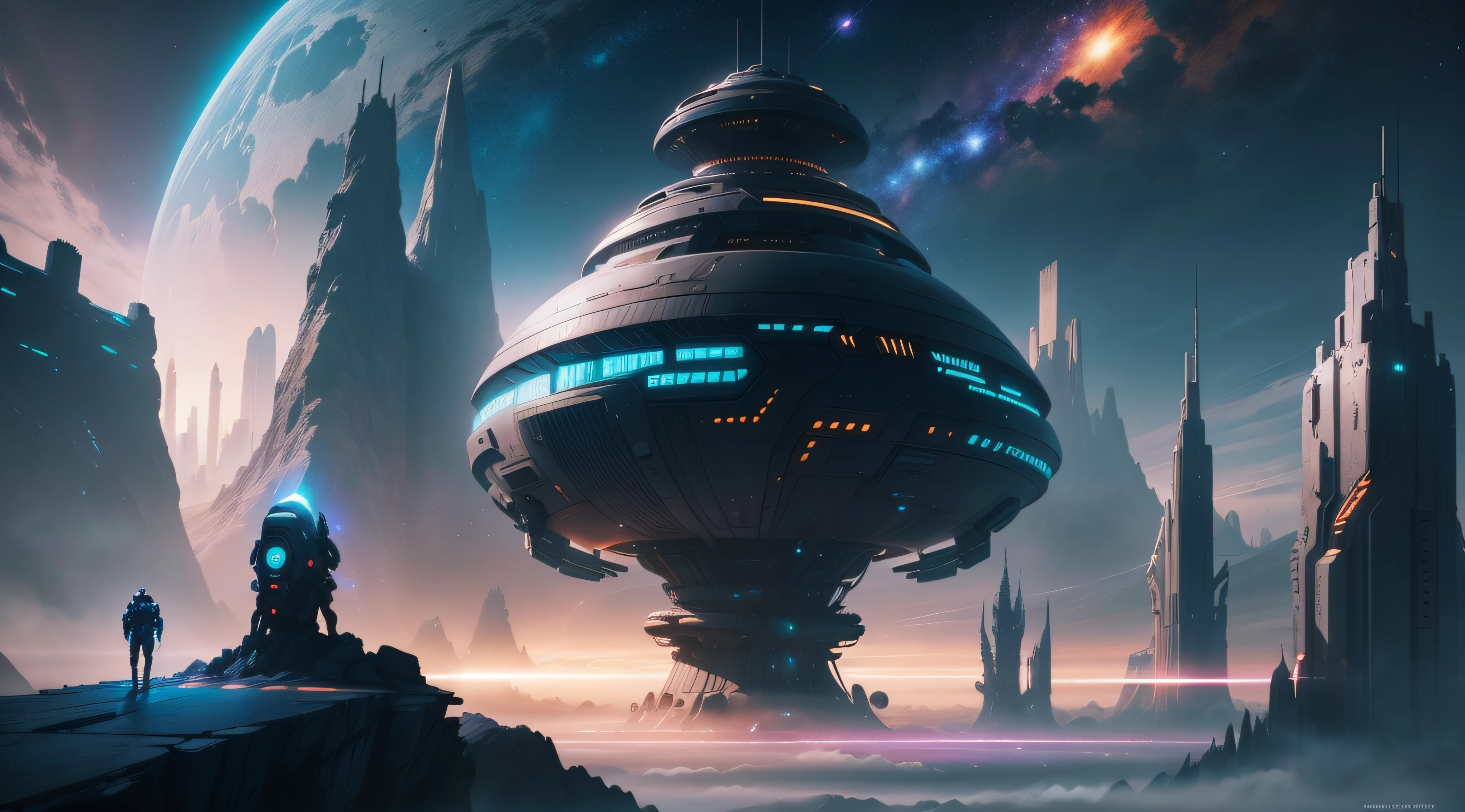 arafed view of a space scene with a spiral galaxy, epic beautiful space scifi, surreal space, endless cosmos in the background, 4k highly detailed digital art, space fractal gradient, galaxy space sci - fi, universe, fantasy space, cosmic space, dimension of infinite space, portal to outer space, interstellar vortex through time, multiverse portal, spaceships flying over a futuristic city with a mountain in the background, epic fantasy sci fi illustration, sci-fi fantasy wallpaper, sci-fi digital art illustration, sci fi artwork, alien space ships, detailed sci-fi art, epic scifi fantasy art, sci fi digital painting, sci-fi digital painting, beautiful sci fi art, scifi artm, futuristic city with a futuristic spaceship and a futuristic spaceship in the background, sci-fi digital art illustration, futuristic digital painting, sci-fi digital painting, sci fi digital painting, retrofuturistic digital painting, sci-fi digital art, nicolas bouvier sparth, colorful dystopian futurism, by sparth, sparth style, colorful concept art, digital concept art illustration