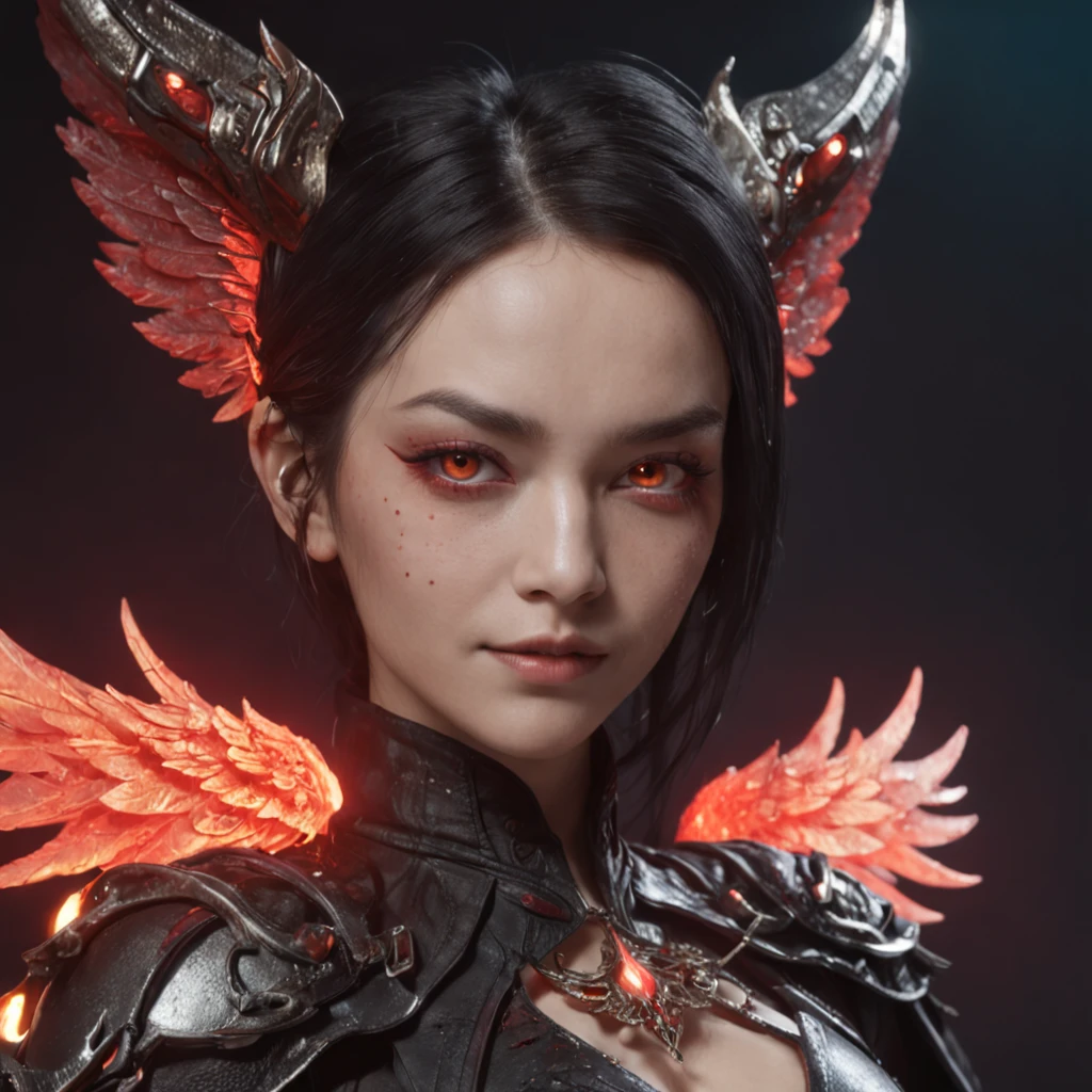 (Many award-winning masterpieces,The details are incredible, textures and maximum detail), (Hyper-realistic: 1.4), (Realistic: 1.3), ((((Front half)))))(cyber punk perssonage),Wings,Black colored eyes,whaite hair,Castle building,Mechanical dare,A combination of futuristic technology and magic,(Highest quality authentic textured skin), Fantasy theme, Black clothes, Black cloak, Network elements, Red light, Blue light, finerly detailed face, ((medieval world)),A close-up of a woman,(The flame of the Lord), (With a mischievous smile on his face), (Glowing eyes in the dark: 1.5), (A pair of black eyes,A strong red light is emitted from the inside) :1.5), (full-body standing image: 1.5), (Dramaticlight), Wings, (A majestic sight), (Her face is gentle and beautiful, but somehow terrifying), Ears Wear glass earrings, (Dramatic photo: 1.4), (Full body portrait: 1.5), ((dramatic pose)), (blond hairbl), (Silver hair), (Maroon hair), Short hair, ((Looking up)) , ((Look down)), (A simple necklace of exquisite workmanship hangs around the neck), (Bioluminescence that emits a bright glow: 1.3), (Use gorgeous fire magic: 1.2), (swirling fire), Devil's Cathedral, The Devil's Grand Shrine, great temple, great cathedral, Temple ruins, Freestanding temple, (Luminous magic circle), Ancient Castle Site, Shine majestic clouds and sky, Lightning, Epic reality, fading, art, (greg rutkovsky: 0.8), (Teal and orange: 0.4), (art stations: 1.5), Cinematic, ((com cores neutras)), (hdr: 1.5), (Pastel colors: 1.2), Ultra detailed, Dramaticlight, (complexdetails: 1.1), the complex background,
