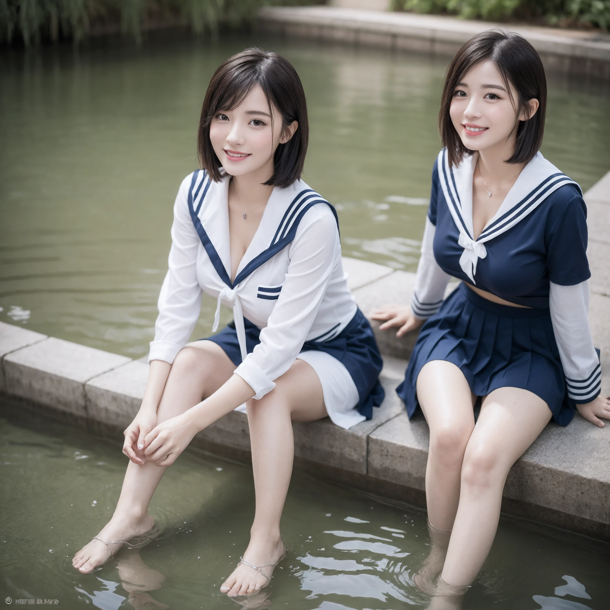 ((layered haircuts、Colossal tits:0.9)),（4K，highest  quality），Rustic，Creek in the countryside，Wearing a sailor's suit pleated skirt，校服，pupils，Young face，The costume is wet，detailed outfits:1.5，Delicate hair，Wet hair:1.5，Water droplets hang on fair skin:1.2，Detailed river water，Water surface to the soles of your feet，Feet on the water，the river is crystal clear:1.5，White skin，Tender skin，Full body photography:1.8， Android， adolable， ssmile，exteriors， Thin face， short detailed hair， （huge tit， cleavage：0.6）