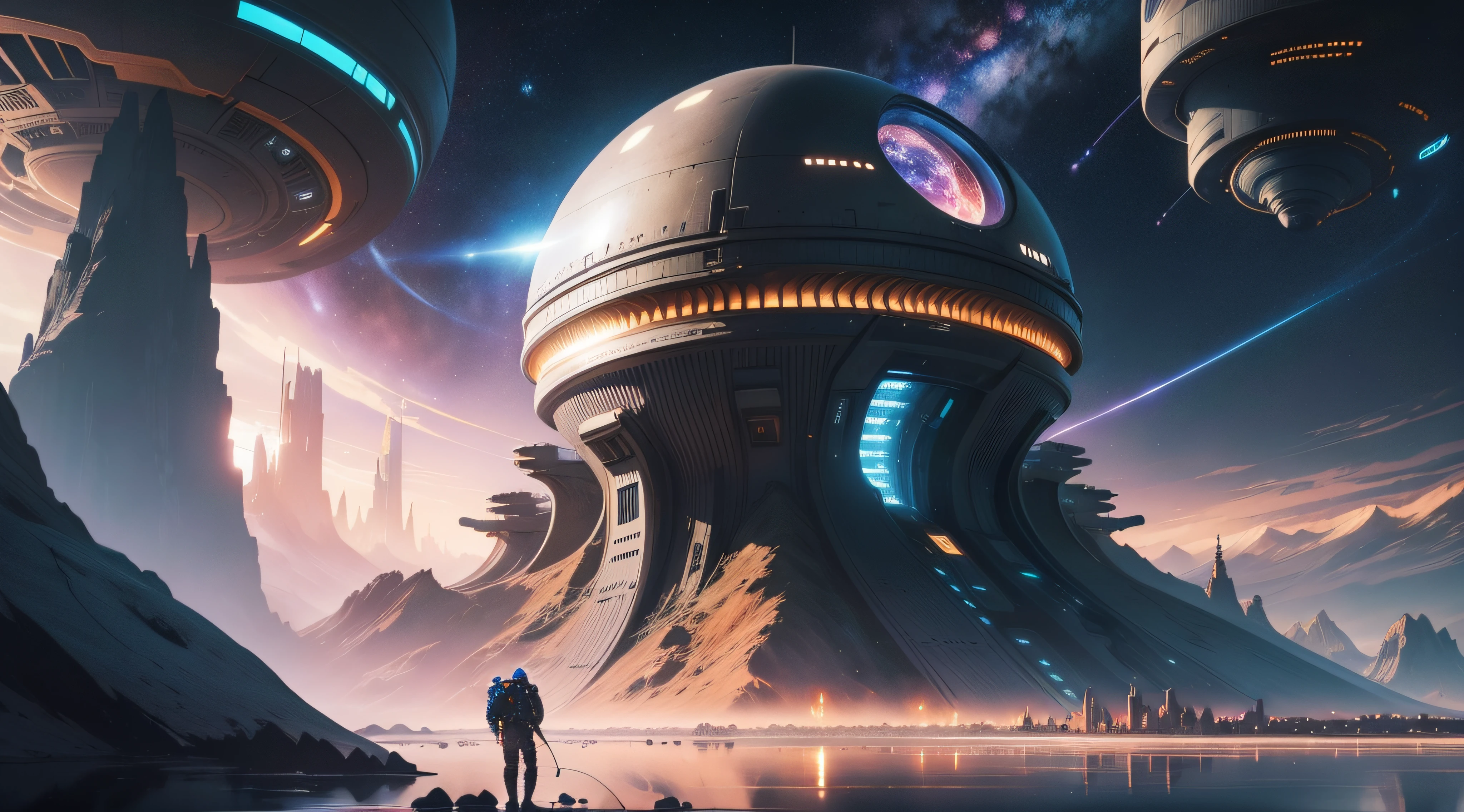 arafed view of a space scene with a spiral galaxy, epic beautiful space scifi, surreal space, endless cosmos in the background, 4k highly detailed digital art, space fractal gradient, galaxy space sci - fi, universe, fantasy space, cosmic space, dimension of infinite space, portal to outer space, interstellar vortex through time, multiverse portal, spaceships flying over a futuristic city with a mountain in the background, epic fantasy sci fi illustration, sci-fi fantasy wallpaper, sci-fi digital art illustration, sci fi artwork, alien space ships, detailed sci-fi art, epic scifi fantasy art, sci fi digital painting, sci-fi digital painting, beautiful sci fi art, scifi artm, futuristic city with a futuristic spaceship and a futuristic spaceship in the background, sci-fi digital art illustration, futuristic digital painting, sci-fi digital painting, sci fi digital painting, retrofuturistic digital painting, sci-fi digital art, nicolas bouvier sparth, colorful dystopian futurism, by sparth, sparth style, colorful concept art, digital concept art illustration