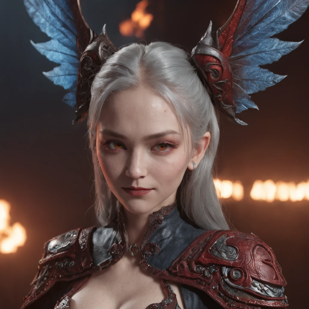 (Many award-winning masterpieces,The details are incredible, textures and maximum detail), (Hyper-realistic: 1.4), (Realistic: 1.3), ((((Front bust)))))(cyber punk perssonage),Red and blue lighting,Wings,whaite hair,Castle building,Mechanical dare,A combination of futuristic technology and magic,(Highest quality authentic textured skin), Fantasy theme, Black clothes, Black cloak, Network elements, Red light, Blue light, finerly detailed face, ((medieval world)),A close-up of a woman,(The flame of the Lord), (With a mischievous smile on his face), (Glowing eyes in the dark: 1.5), (A pair of black eyes,A strong red light is emitted from the inside) :1.5), (full-body standing image: 1.5), (Dramaticlight), Wings, (A majestic sight), (Her face is gentle and beautiful, but somehow terrifying), Ears Wear glass earrings, (Dramatic photo: 1.4), (Full body portrait: 1.5), ((dramatic pose)), (blond hairbl), (Silver hair), (Maroon hair), Short hair, ((Looking up)) , ((Look down)), (A simple necklace of exquisite workmanship hangs around the neck), (Bioluminescence that emits a bright glow: 1.3), (Use gorgeous fire magic: 1.2), (swirling fire), Devil's Cathedral, The Devil's Grand Shrine, great temple, great cathedral, Temple ruins, Freestanding temple, (Luminous magic circle), Ancient Castle Site, Shine majestic clouds and sky, Lightning, Epic reality, fading, art, (greg rutkovsky: 0.8), (Teal and orange: 0.4), (art stations: 1.5), Cinematic, ((com cores neutras)), (hdr: 1.5), (Pastel colors: 1.2), Ultra detailed, Dramaticlight, (complexdetails: 1.1), the complex background,