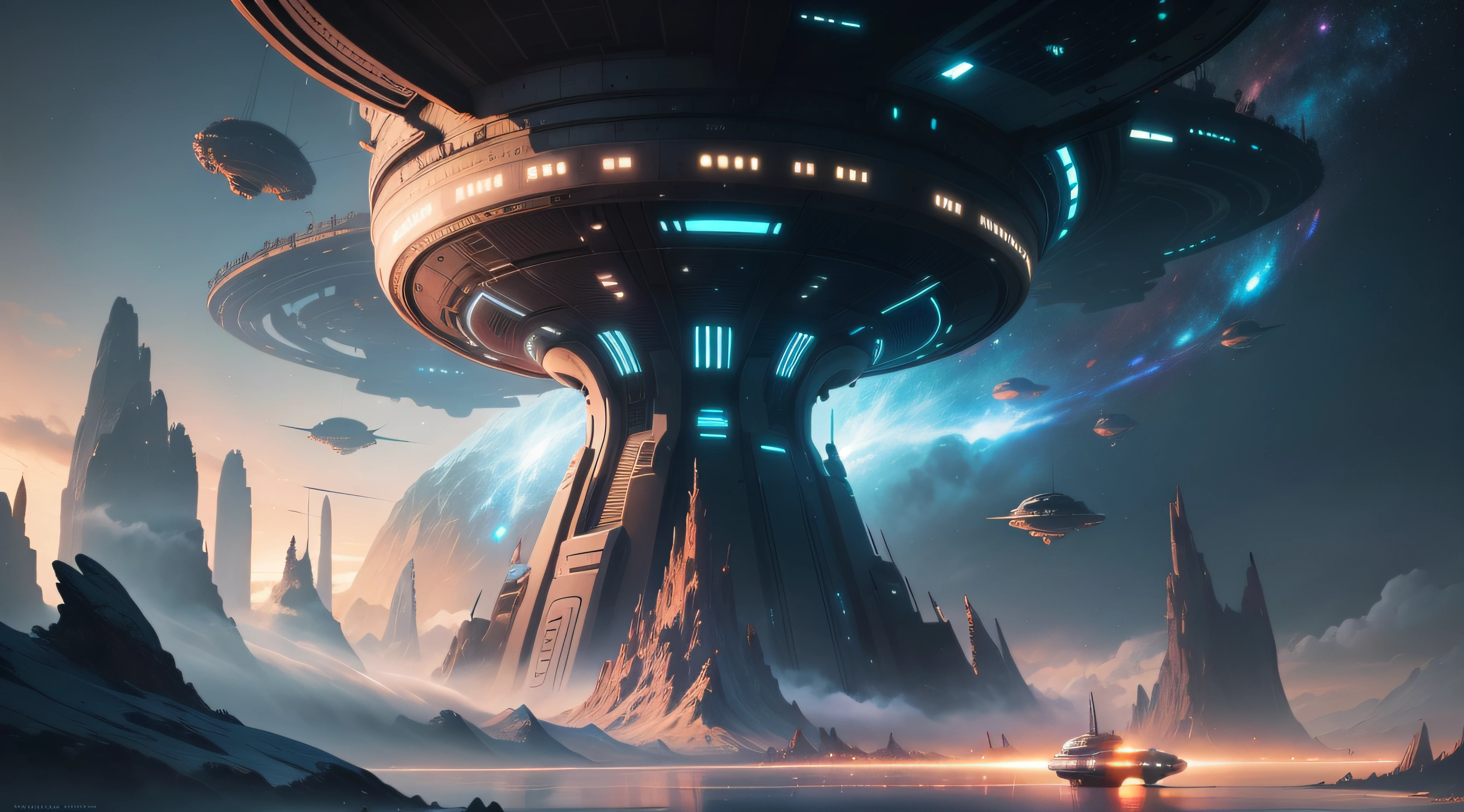 arafed view of a space scene with a spiral galaxy, epic beautiful space scifi, surreal space, endless cosmos in the background, 4k highly detailed digital art, space fractal gradient, galaxy space sci - fi, universe, fantasy space, cosmic space, dimension of infinite space, portal to outer space, interstellar vortex through time, multiverse portal, spaceships flying over a futuristic city with a mountain in the background, epic fantasy sci fi illustration, sci-fi fantasy wallpaper, sci-fi digital art illustration, sci fi artwork, alien space ships, detailed sci-fi art, epic scifi fantasy art, sci fi digital painting, sci-fi digital painting, beautiful sci fi art, scifi artm, futuristic city with a futuristic spaceship and a futuristic spaceship in the background, sci-fi digital art illustration, futuristic digital painting, sci-fi digital painting, sci fi digital painting, retrofuturistic digital painting, sci-fi digital art, nicolas bouvier sparth, colorful dystopian futurism, by sparth, sparth style, colorful concept art, digital concept art illustration