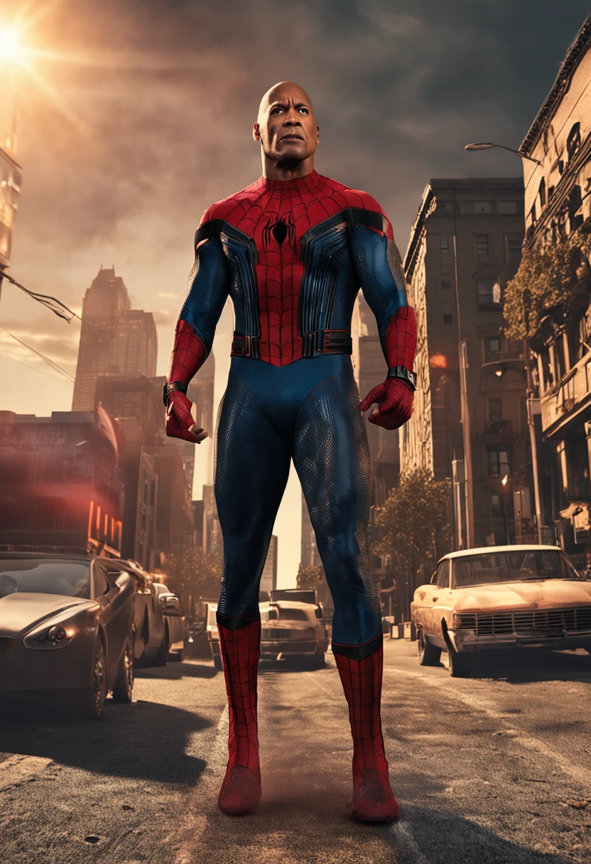 . .Tarantino style Dwayne Johnson as Spiderman 8k, high definition, detailed face, detailed face, detailed eyes, detailed suit, in style of marvel and dc, hyper-realistic, + cinematic shot + dynamic composition, incredibly detailed, sharpen, details + superb details + evening with light + perfectionism + award winning realism ((moody lighting))