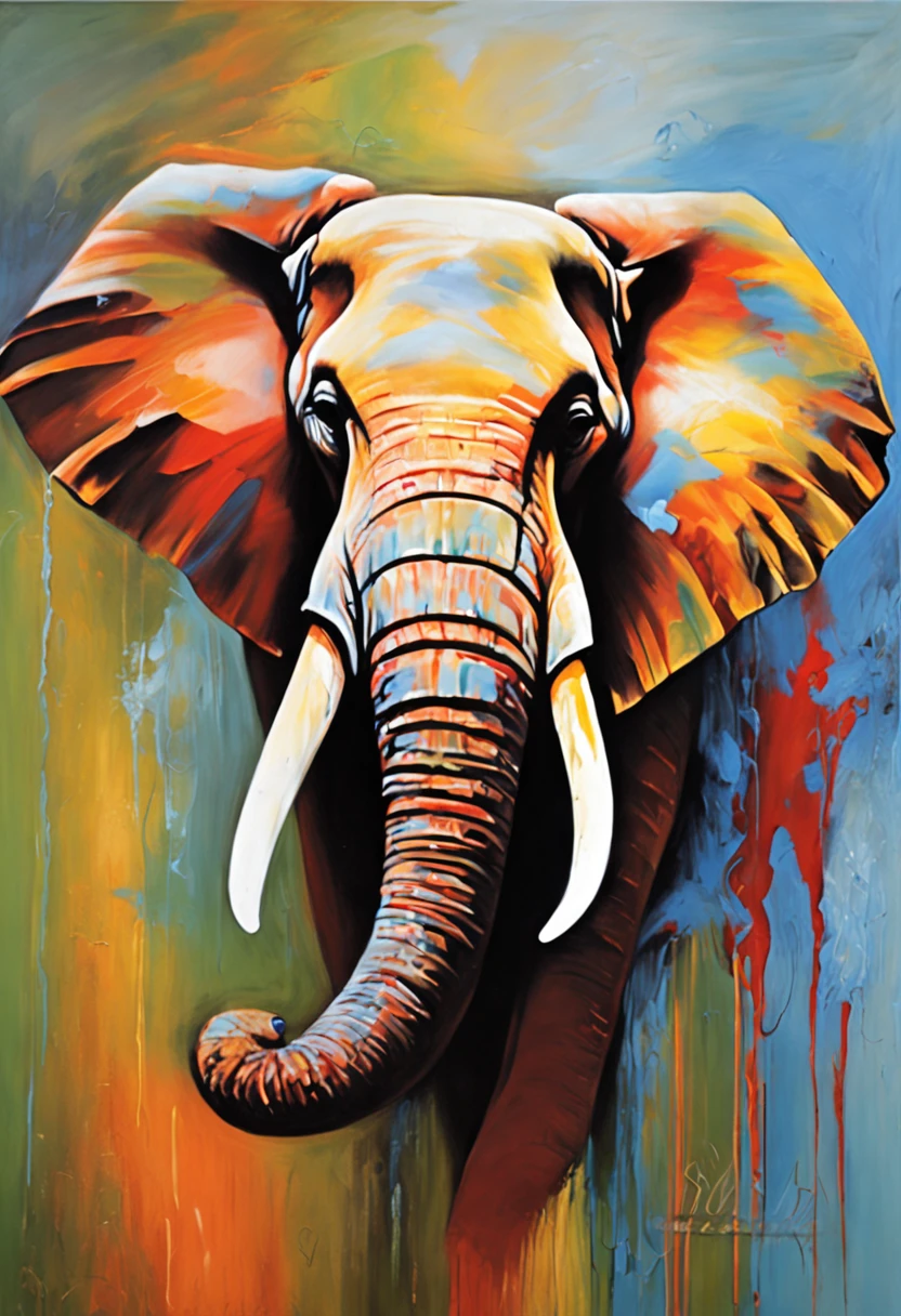 "realistic elephant head oil painting with intricate details, slighty abstract,showing whole animal"
