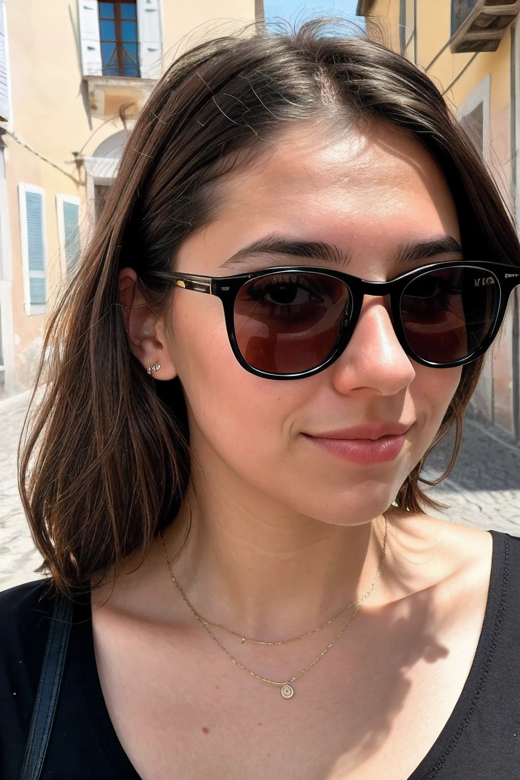 Instagram-Foto, Nahaufnahme Gesicht 1.4f, bookeh effect, Sonnenbrille, Zopf frisur, Foto von 23 Y.o Chloe in black clothes on Italy's streets, Spaltung, blasse Haut, (smil:0.4), Harte Schatten, posierend, positionen, angeben, Mikro-Details, weiches Licht, fotorealistisch, proportional, Hyper Details,