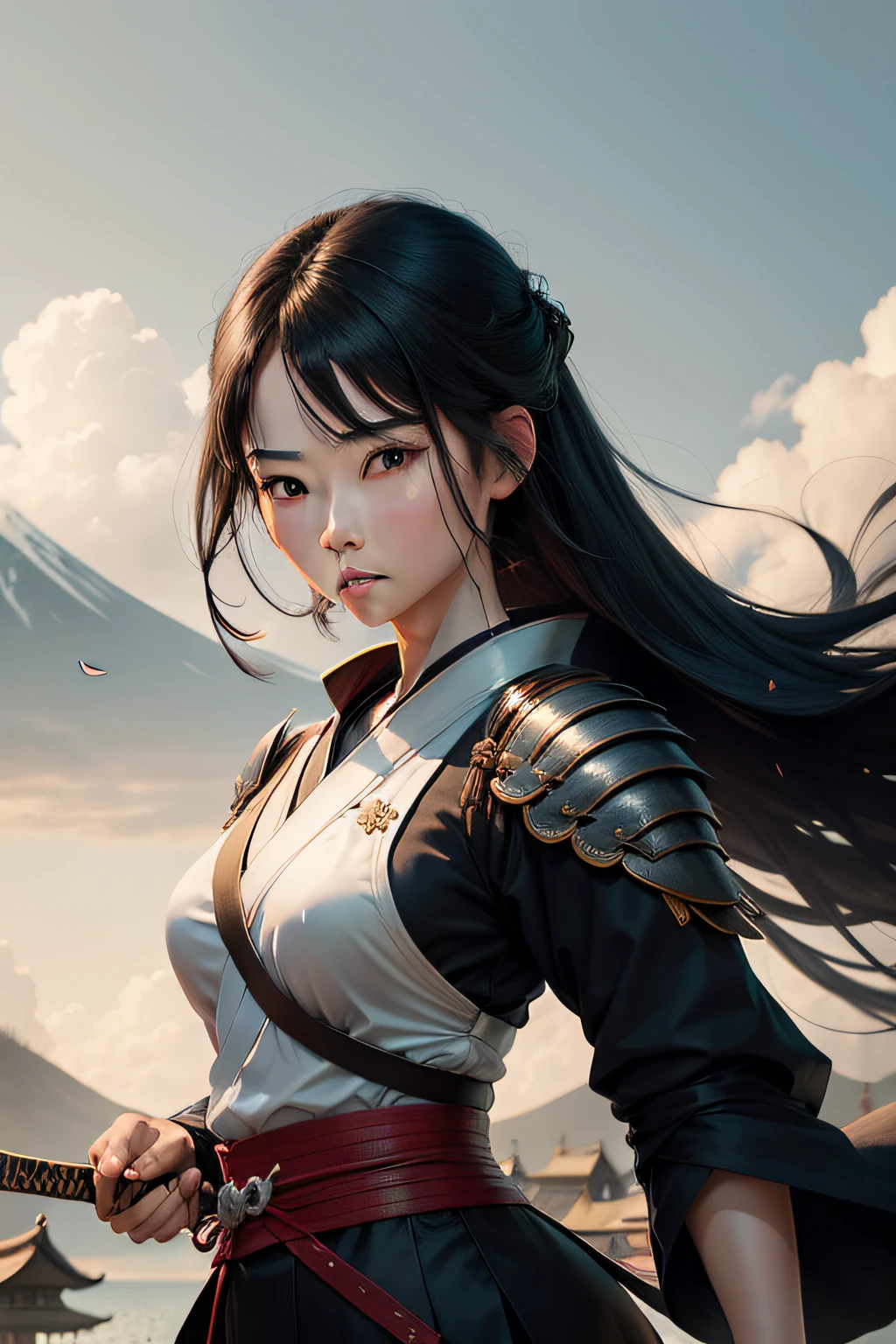 RAW Photo, 4k, Realistic, Delicate and Meticulous Skin), Masterpiece, Best Quality, Official Art, Unity 8k Wallpaper, Ultra Detail, (Soft Light), Cinematic Look, High Saturation, Best Anatomy, Volume Fog, Slim Body, Full Body, 1 Girl, Red Clothes, (with Weapon on the Waist), Sword, Long Hair, Brunetette, Solo, Blood, Armguards, Complex Background, Looking at the Audience, Black Eyes, Cloth, Floating Hair, Evil Smile, Hanfu, Dynamic Movement, Dynamic Pose, Bandages wrapped around hands, dust carried by the wind, (riding a horse; 1.5)