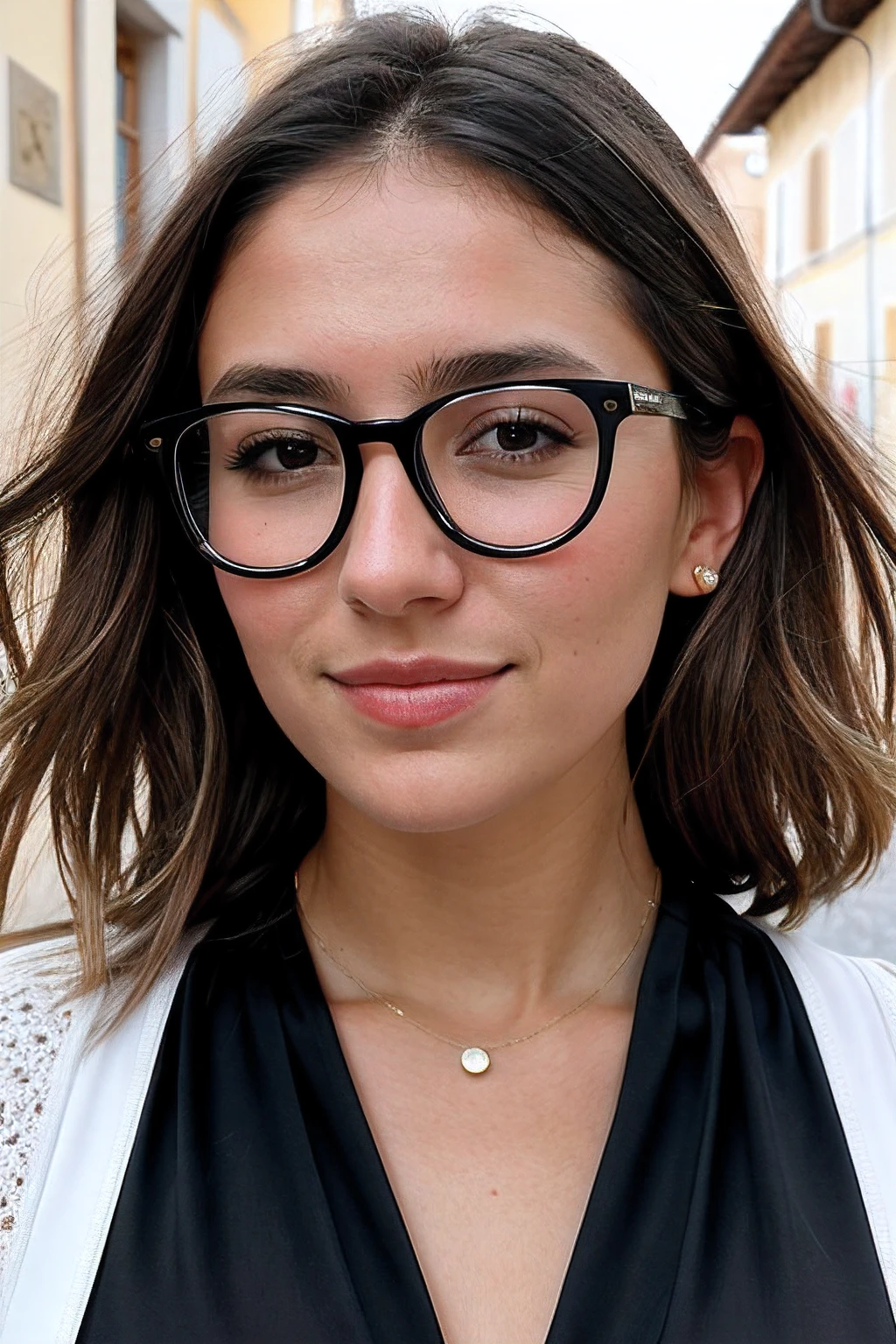 Instagram-Foto, Nahaufnahme Gesicht 1.4f, bookeh effect, Sonnenbrille, Zopf frisur, Foto von 23 Y.o Chloe in black clothes on Italy's streets, Spaltung, blasse Haut, (smil:0.4), Harte Schatten, posierend, positionen, angeben, Mikro-Details, weiches Licht, fotorealistisch, proportional, Hyper Details,