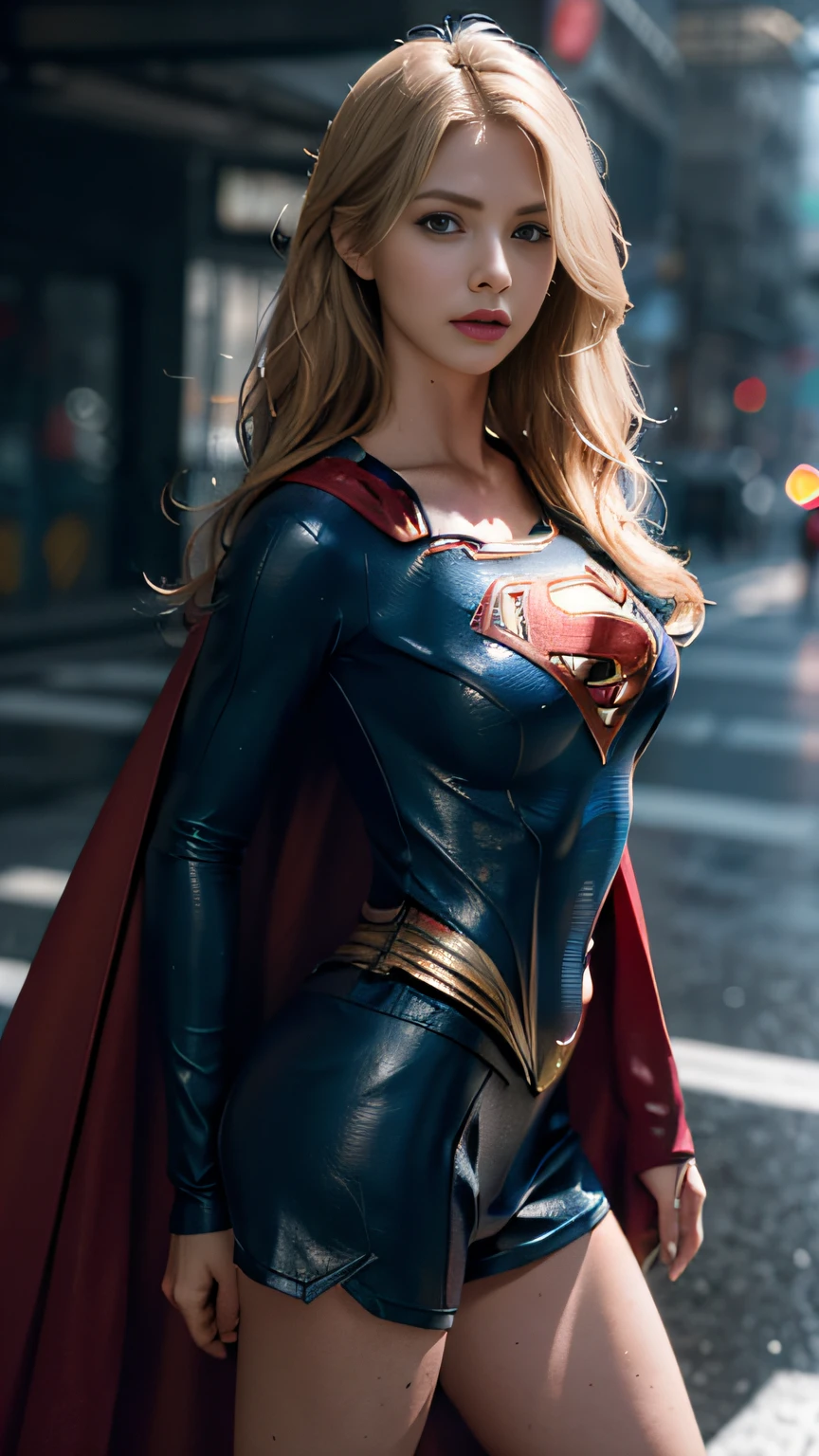 Beautiful woman with wavy blonde hair, delicate and charming blue eyes, Thigh notch, Sexy long legs, Small shorts T-shirt，Superman letter S, Cute futuristic cyberpunk + City, Mist, Damp, rain, Best quality masterpiece, Realistic, Detailed, 8K, hdr, Shallow depth of field, Wide light, High contrast, Backlight, flood, Flash, color difference,  Sharp focus, RAW color photo, superman S symbol on the chest.