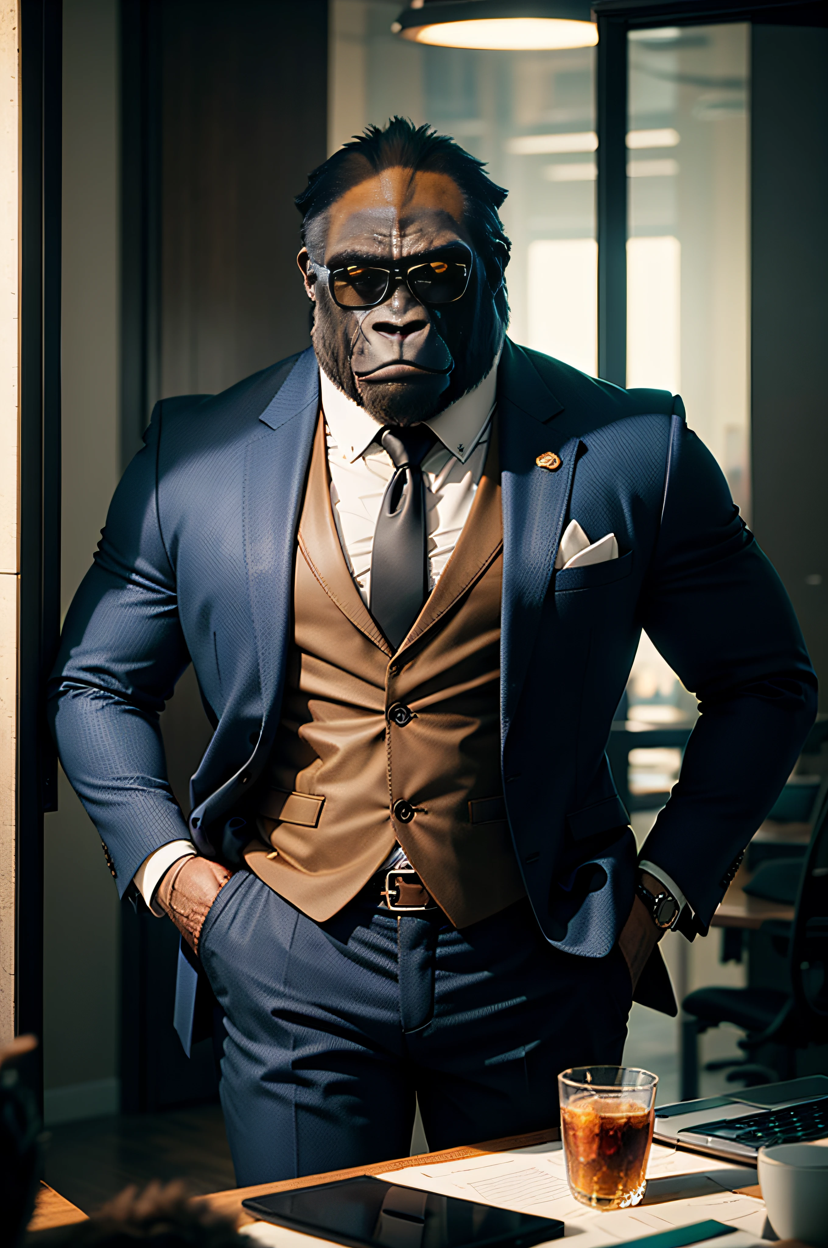 Gorilla in a suit、Good Style、Tough and cool gorilla like a model、wears sunglasses、Cool atmosphere、Luxury office on background、Rich