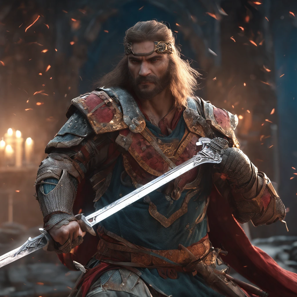 ((fantasy style+fantasy art+fantasy illustration) CG artwork,(computer generated+computer created+computer generated image) bust) of a (sword-wielding+sword-bearing+sword-holding) swordsman.