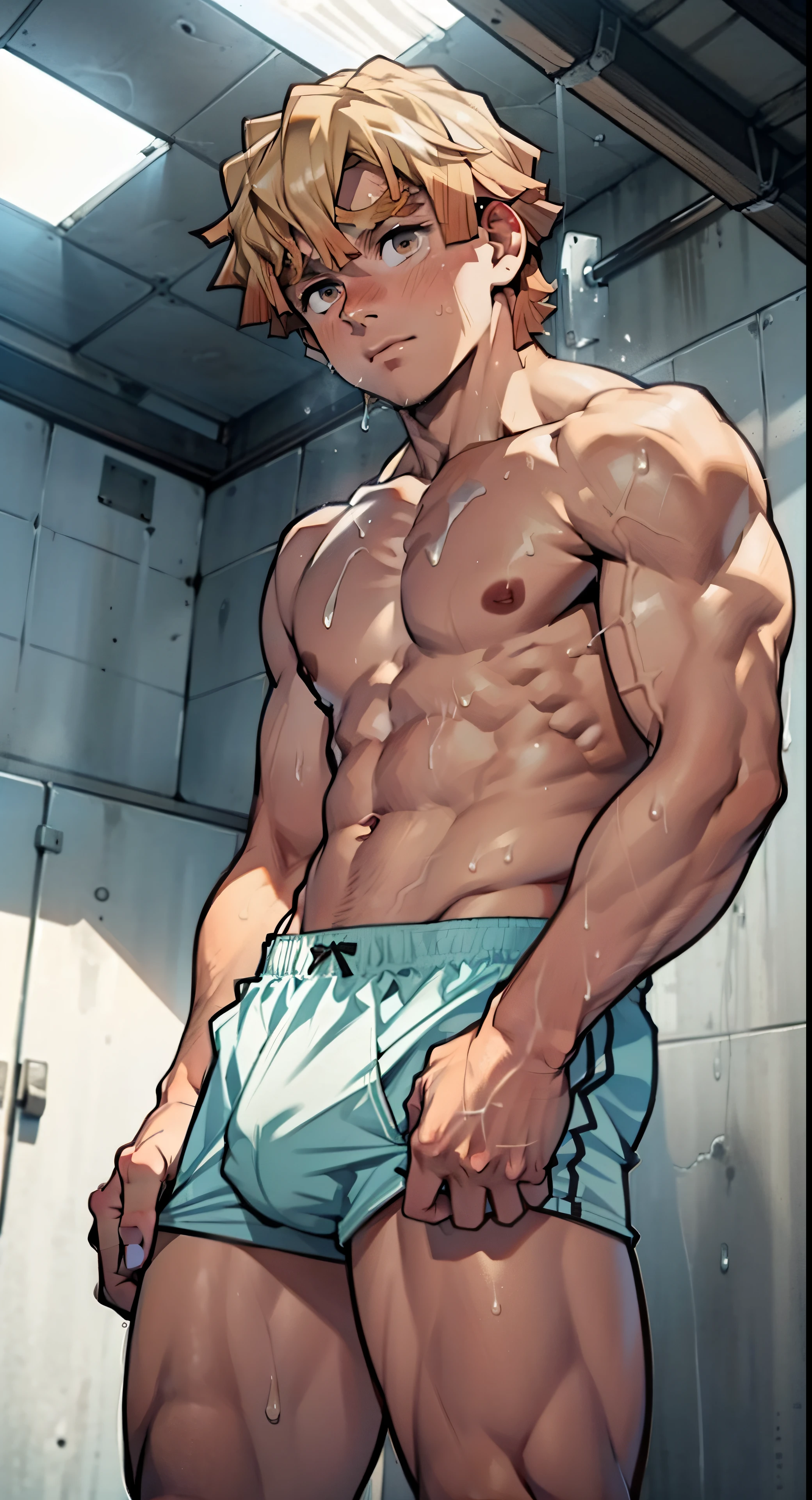  boy, shirtless, cute baby fy, strong thigh muscles and huge tendons, sweat dripping down, wearing triangle underwear, underwear bulging due to genitals,  white underwear, hands on hips (photo angle from bottom up)