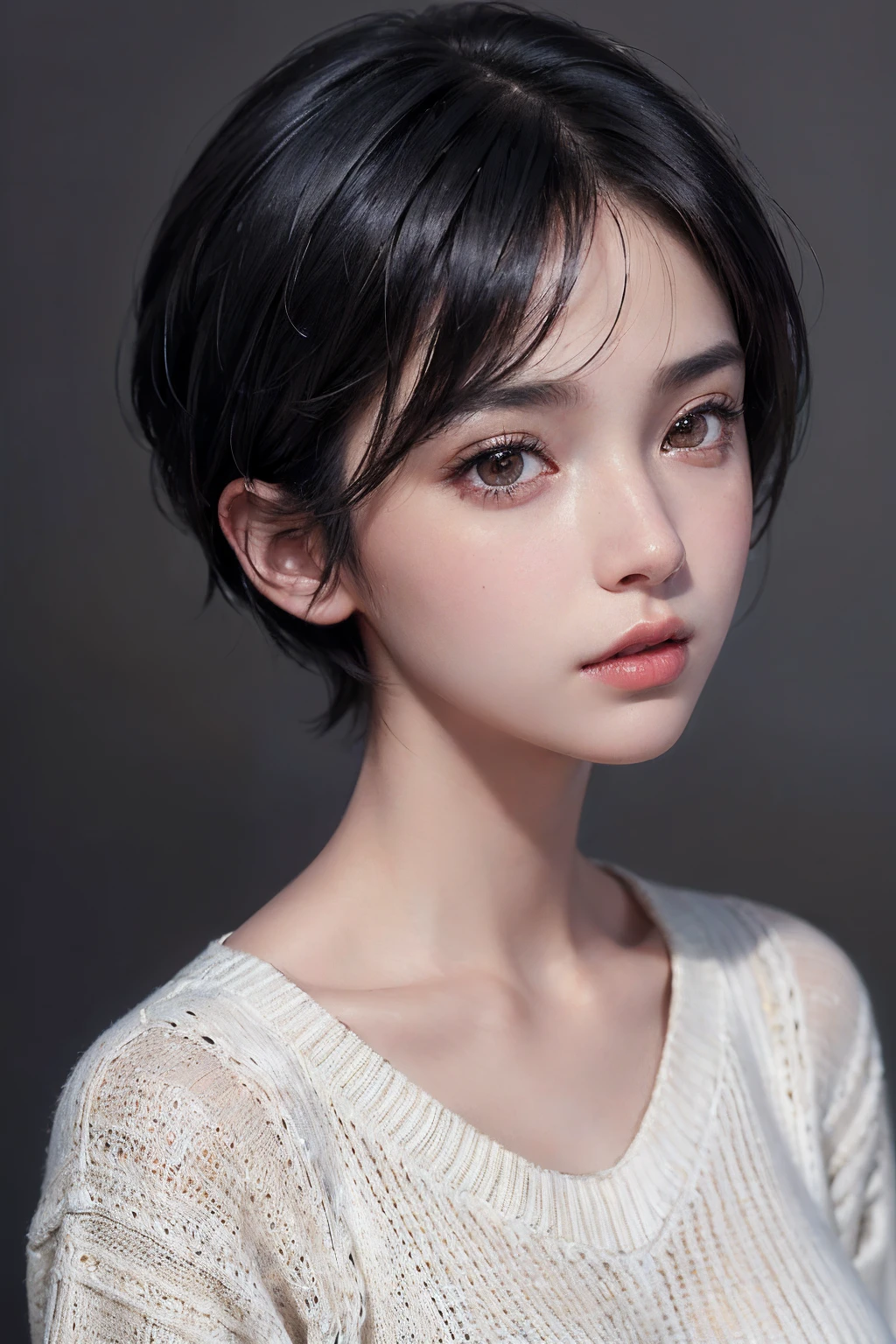 (masterpiece:1.3), (8k, photorealistic, RAW photo, best quality: 1.4), (1girl), beautiful face, (realistic face), (black hair, short hair:1.3), beautiful hairstyle, realistic eyes, beautiful detailed eyes, (realistic skin), beautiful skin, (sweater), absurdres, attractive, ultra high res, ultra realistic, highly detailed, golden ratio