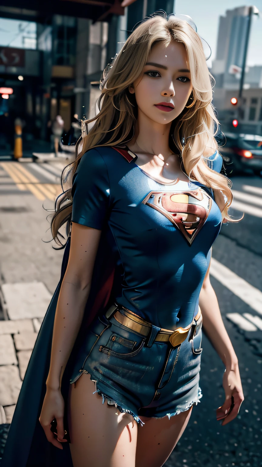 Beautiful woman with wavy blonde hair, delicate and charming blue eyes, Thigh notch, Sexy long legs, t-shirt in small shorts，Superman letter S, Cute futuristic cyberpunk + City, Mist, Damp, rain, Best quality masterpiece, Realistic, Detailed, 8K, hdr, Shallow depth of field, Wide light, High contrast, Backlight, flood, Flash, color difference,  Sharp focus, RAW color photo, superman S symbol on the chest.