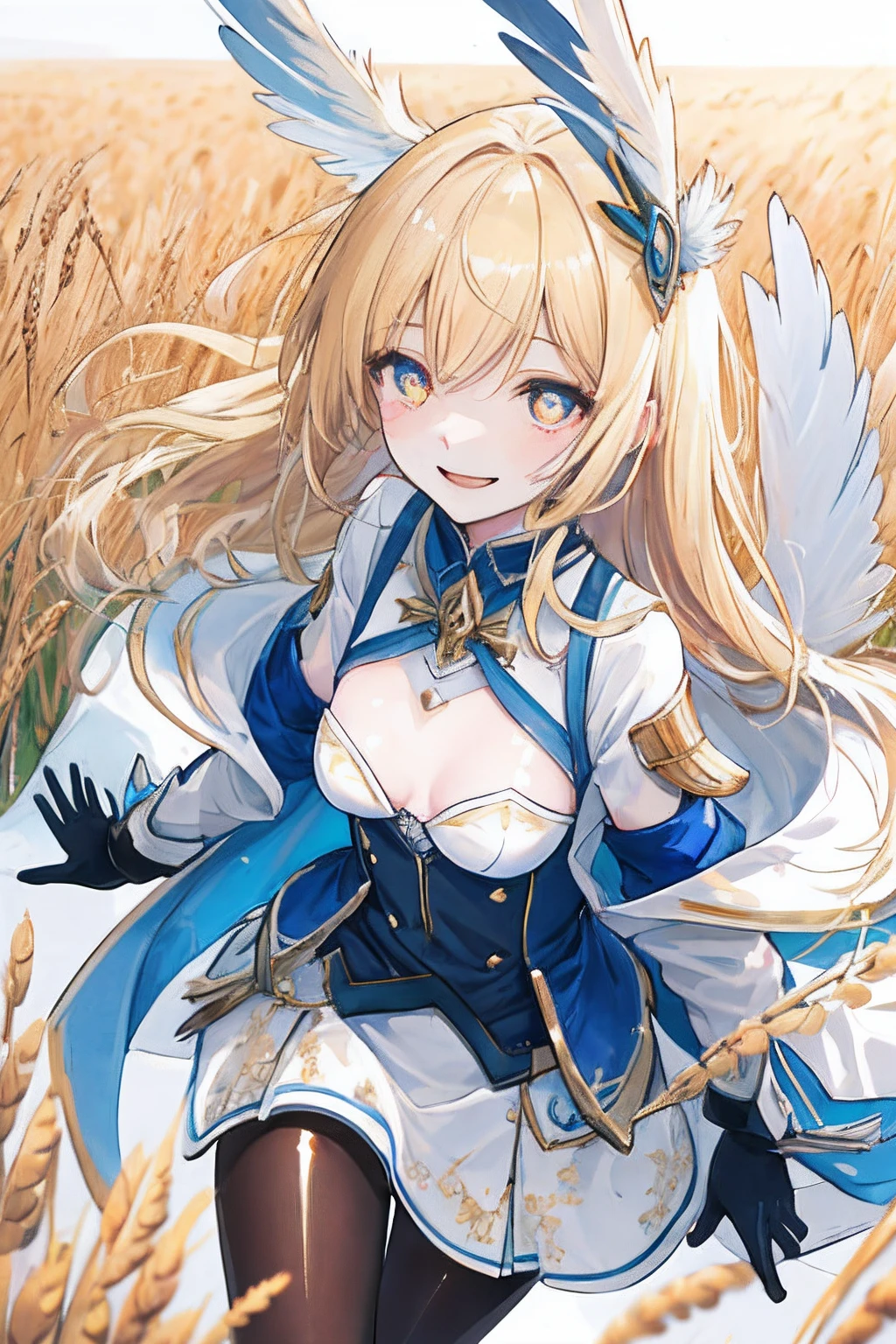 (master piece, Best Quality), Intricate details, Realistic, ultra-detailliert, (Shiny skin:1.4), Absurd, Dynamic lighting, High resolution, Sharp Focus, depth of fields, Detailed eyes, Sharp pupils, Realistic pupils,
1girl in, Solo, Looking at Viewer, slender, (Flat breasts:1.6), (thick thighs:1.0), Portrait, 15yo student,
wheat field background, Blue sky,
valkyrie, Feather Headgear,
(great laughter:1.5), (Open mouth:1.3), Long Plutinum Blonde Hair, drooping eyes,
Blouse shirt, Wearing a peplum jacket,
Thigh boots, gloves, Closed feather wings, pantyhose,
