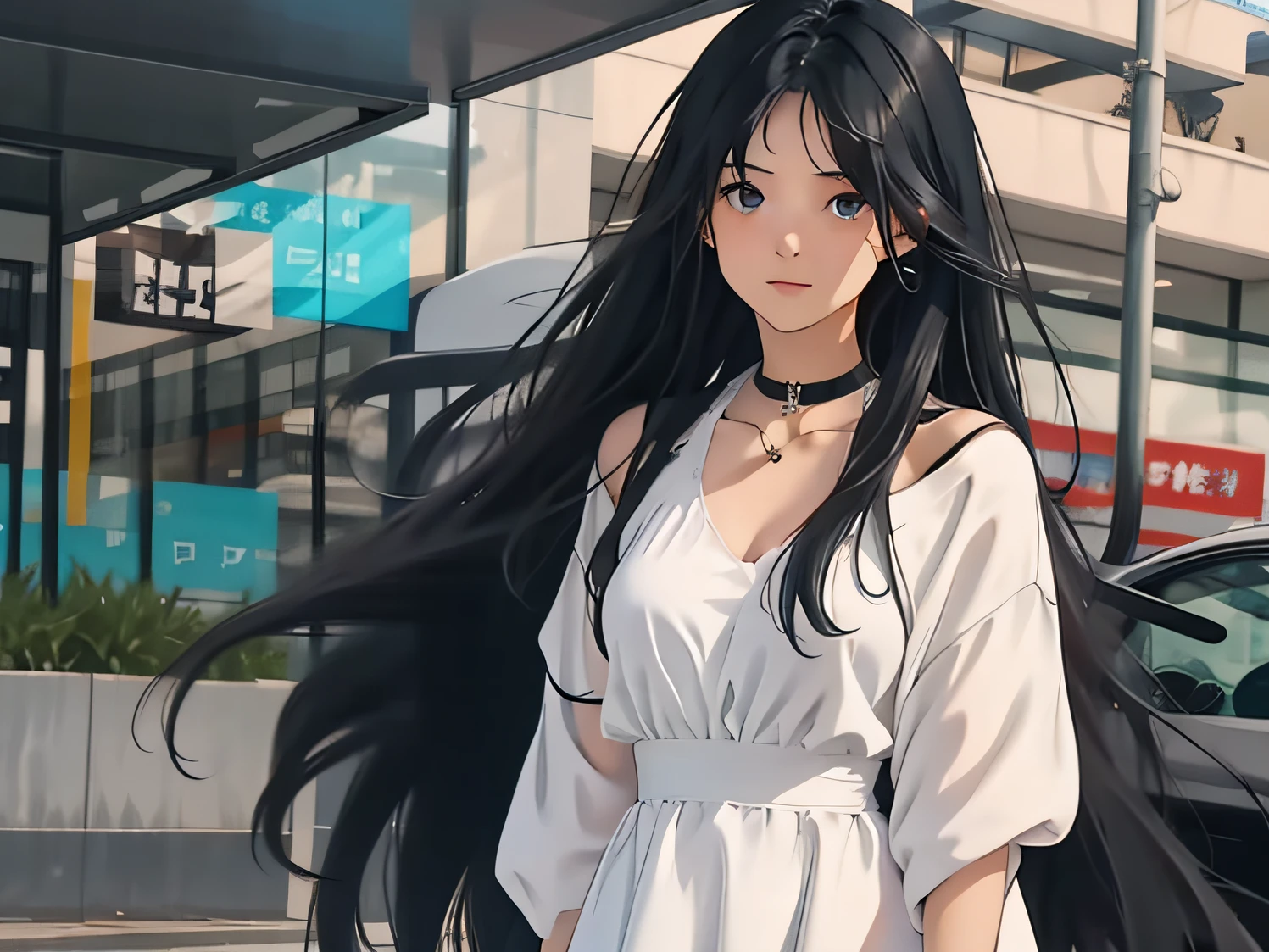An 18-year-old girl with long black hair in a white dress