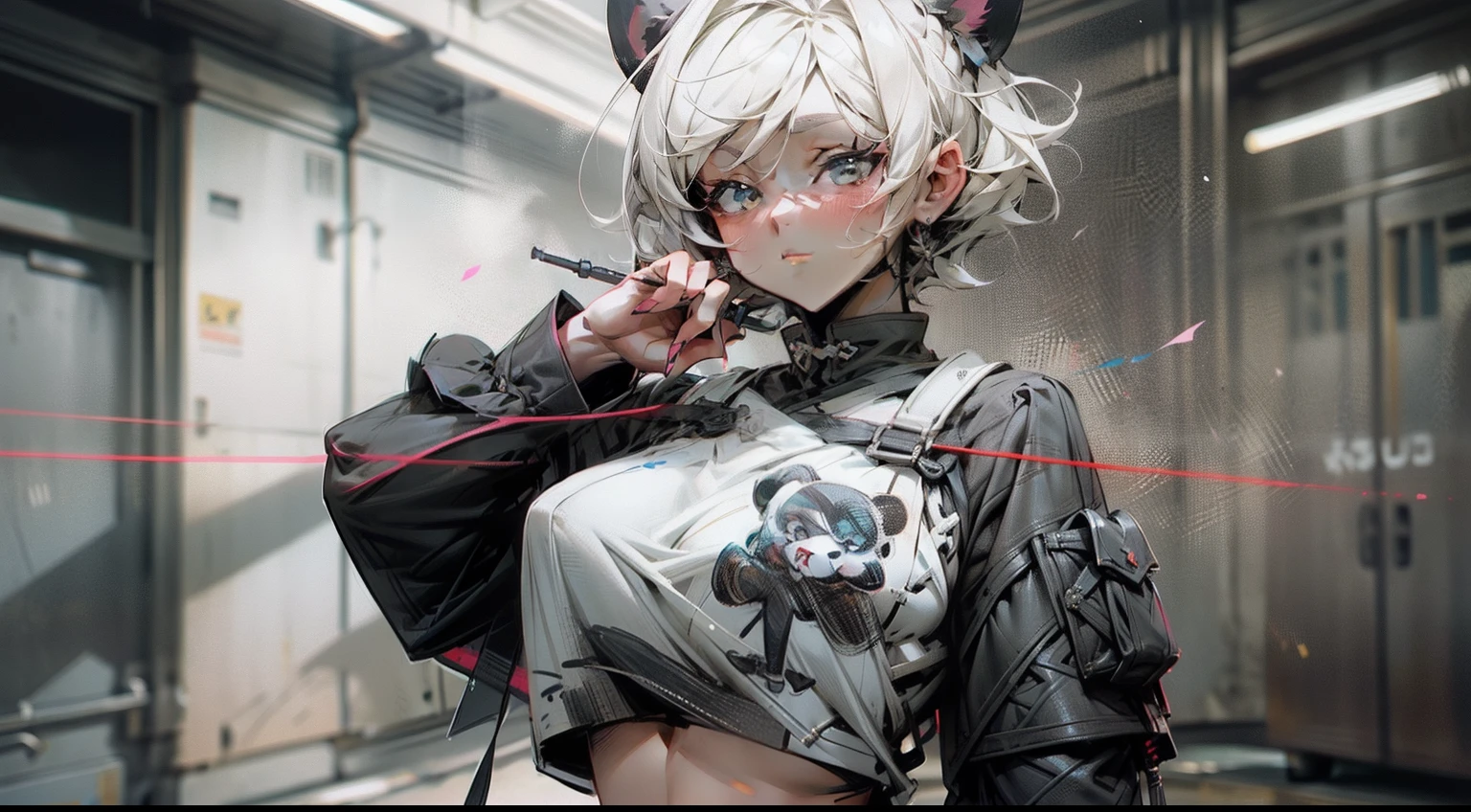 {{{{ masterpiece }}}},{{{{ 4K }}}},{{{{ badass anime 8 k }}}}, {{{{{{{{ short hair }}}}}}}}, {{{{{{{{ white hair }}}}}}}}, {{{{{{{{ big boobs }}}}}}}},black panda shirt oversize,