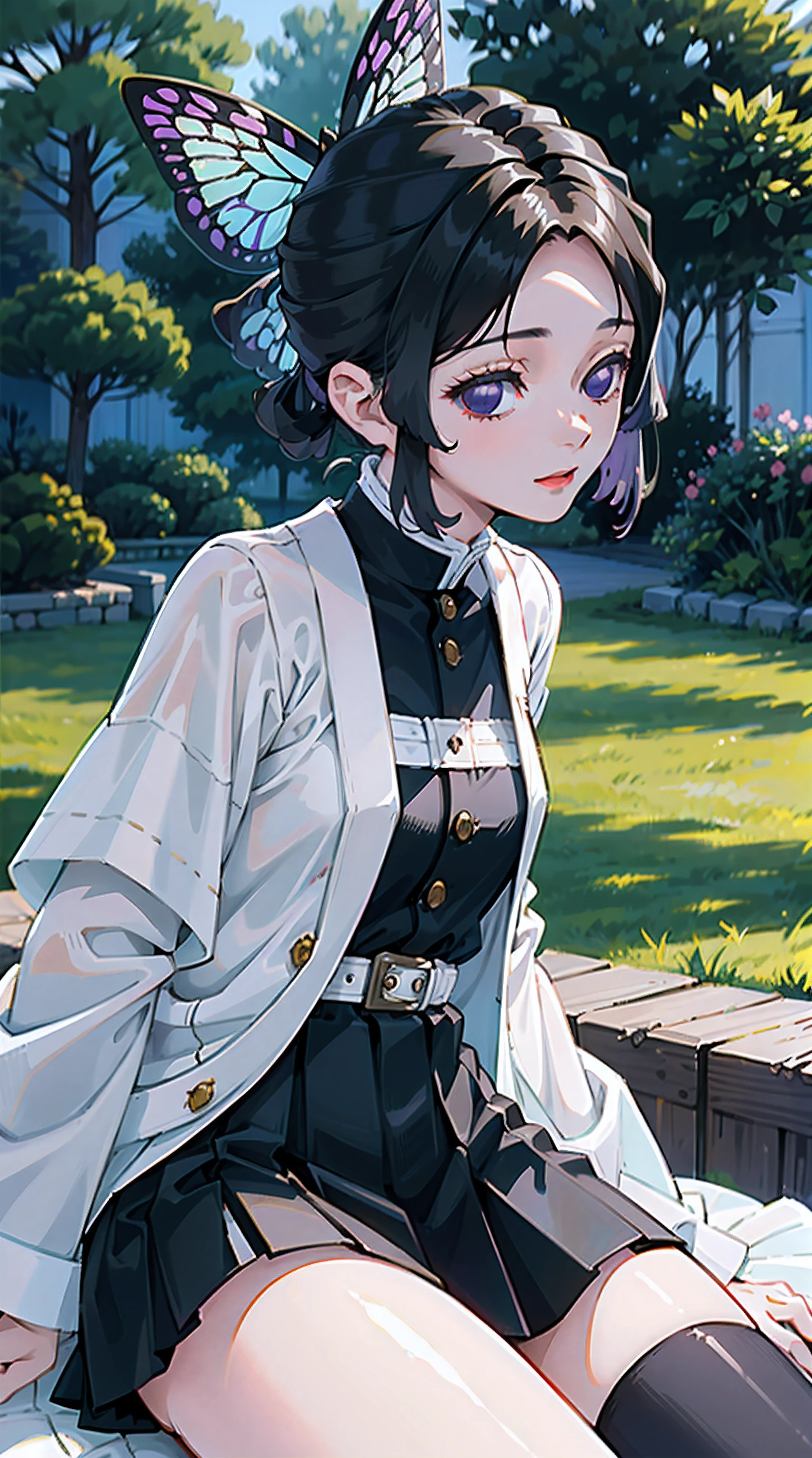 trpical garden, short detailed hair, butterflys, Black  top, black short skirt, Japanese-style clothes, haori, White coat, No bangs, forehead, purple hair, smile, Surrealism, depth of field, drop shadow, best quality, UHD, high details, highres, 8k