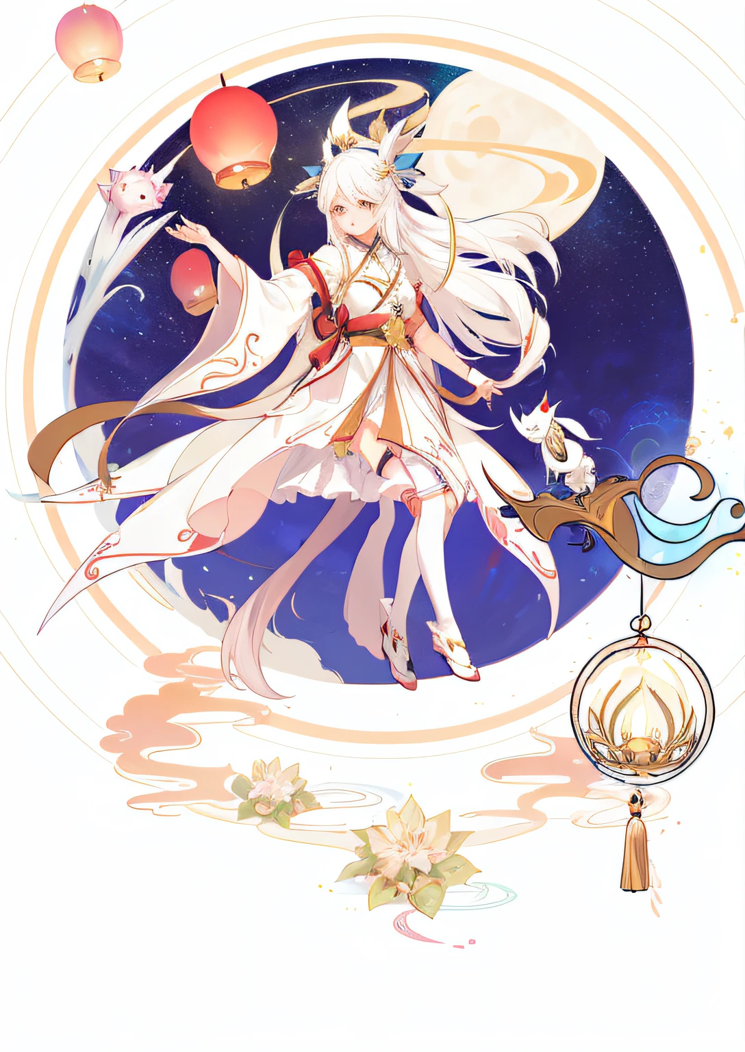 Anime girl with long white hair and white dress holding lantern, white-haired god, Beautiful celestial mage, lunar themed attire, Onmyoji detailed art, lunar goddess, onmyoji, Anime goddess, astral fairy, Pisif Contest Champion, heise jinyao, White-haired fox, Pisif, Pisif style, astral witch clothes