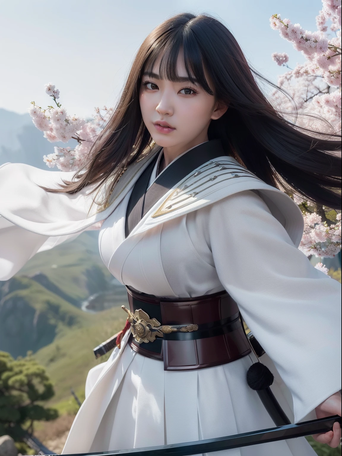 (Masterpiece), Ultra-detailed, Extremely detailed Cg Unity 8K wallpaper, Best illumination, Best shadow, Floating, high resolution, Dynamic Angle, Dynamic pose, (1girll), Black hair, thick bushy eyebrows, Armor, White cape, katana swords, Cherry blossoms, Mist, (Samurai spirit: 1.2), (Traditional Japanese elements: 1.2).、wisteria