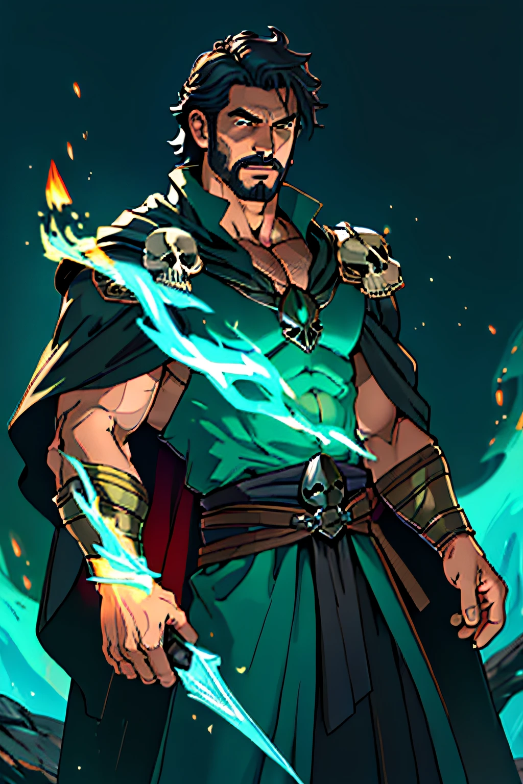 Best quality, masterpiece, ultra high res,detailed background,realistic,hadesstyle,solo,male,mature,bara,muscular,mature male,short hair,facial hair,wizard,necromancer,skull,green fire,horror \(theme\),dark fantasy,evil,cape,depth of field