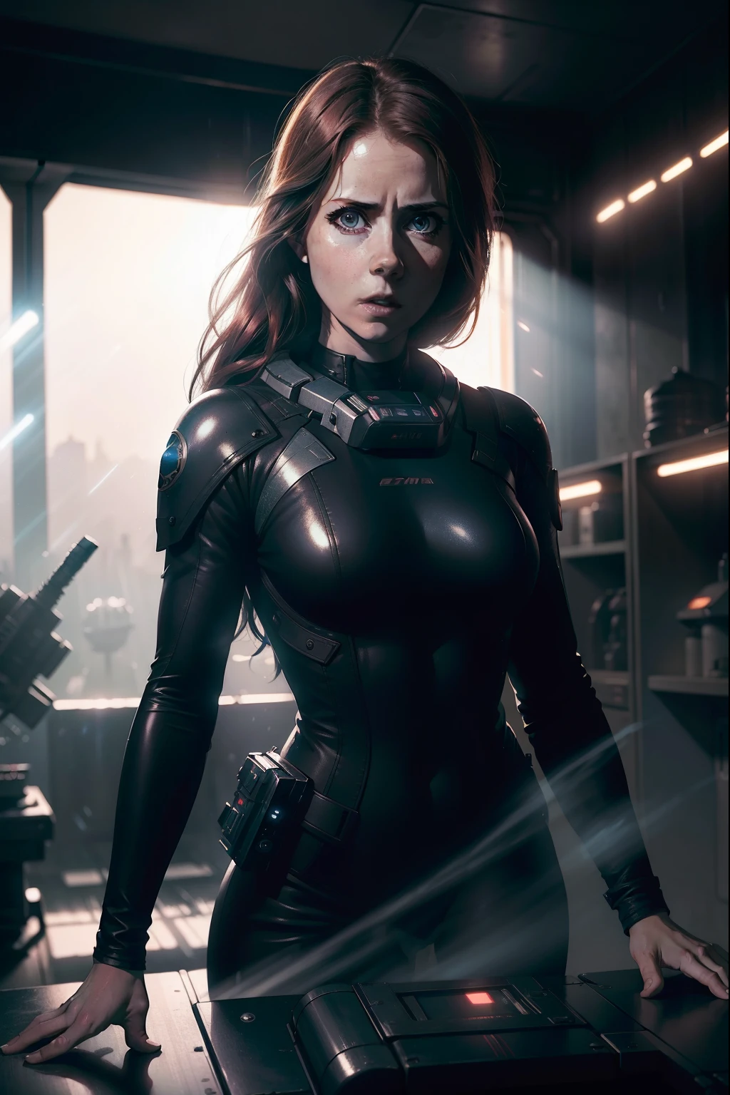 Hot terrified Amy Adams holding a sci fi blaster on Ishimura Horror Space Ship photography, natural light, photorealism, cinematic rendering, ray tracing, the highest quality, the highest detail, Cinematic, Third-Person View, Blur Effect, Long Exposure, 8K, Ultra-HD, Natural Lighting, Moody Lighting, Cinematic Lighting