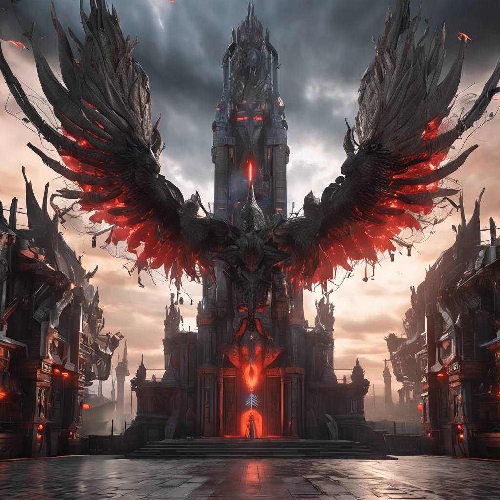 (Many award-winning masterpieces,The details are incredible, textures and maximum detail), (Hyper-realistic: 1.4), (Realistic: 1.3), ((((Front half)))))(cyber punk perssonage),Wings,Black colored eyes,whaite hair,Castle building,Mechanical dare,A combination of futuristic technology and magic,(Highest quality authentic textured skin), Fantasy theme, Black clothes, Black cloak, Network elements, Red light, Blue light, finerly detailed face, ((medieval world)),A close-up of a woman,(The flame of the Lord), (With a mischievous smile on his face), (Glowing eyes in the dark: 1.5), (A pair of black eyes,A strong red light is emitted from the inside) :1.5), (full-body standing image: 1.5), (Dramaticlight), Wings, (A majestic sight), (Her face is gentle and beautiful, but somehow terrifying), Ears Wear glass earrings, (Dramatic photo: 1.4), (Full body portrait: 1.5), ((dramatic pose)), (blond hairbl), (Silver hair), (Maroon hair), Short hair, ((Looking up)) , ((Look down)), (A simple necklace of exquisite workmanship hangs around the neck), (Bioluminescence that emits a bright glow: 1.3), (Use gorgeous fire magic: 1.2), (swirling fire), Devil's Cathedral, The Devil's Grand Shrine, great temple, great cathedral, Temple ruins, Freestanding temple, (Luminous magic circle), Ancient Castle Site, Shine majestic clouds and sky, Lightning, Epic reality, fading, art, (greg rutkovsky: 0.8), (Teal and orange: 0.4), (art stations: 1.5), Cinematic, ((com cores neutras)), (hdr: 1.5), (Pastel colors: 1.2), Ultra detailed, Dramaticlight, (complexdetails: 1.1), the complex background,