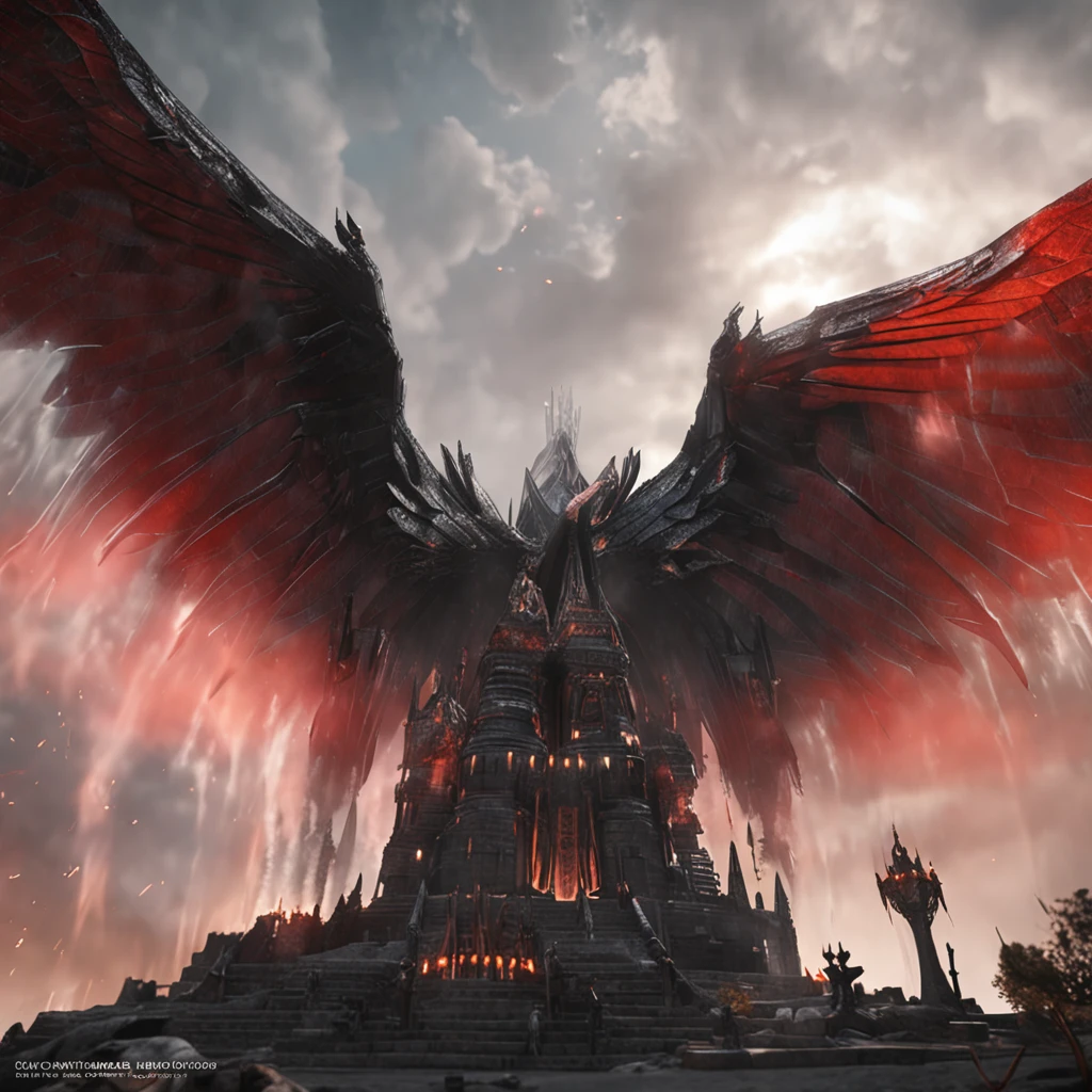 (Many award-winning masterpieces,The details are incredible, textures and maximum detail), (Hyper-realistic: 1.4), (Realistic: 1.3), ((((Front half)))))(cyber punk perssonage),Wings,Black colored eyes,whaite hair,Castle building,Mechanical dare,A combination of futuristic technology and magic,(Highest quality authentic textured skin), Fantasy theme, Black clothes, Black cloak, Network elements, Red light, Blue light, finerly detailed face, ((medieval world)),A close-up of a woman,(The flame of the Lord), (With a mischievous smile on his face), (Glowing eyes in the dark: 1.5), (A pair of black eyes,A strong red light is emitted from the inside) :1.5), (full-body standing image: 1.5), (Dramaticlight), Wings, (A majestic sight), (Her face is gentle and beautiful, but somehow terrifying), Ears Wear glass earrings, (Dramatic photo: 1.4), (Full body portrait: 1.5), ((dramatic pose)), (blond hairbl), (Silver hair), (Maroon hair), Short hair, ((Looking up)) , ((Look down)), (A simple necklace of exquisite workmanship hangs around the neck), (Bioluminescence that emits a bright glow: 1.3), (Use gorgeous fire magic: 1.2), (swirling fire), Devil's Cathedral, The Devil's Grand Shrine, great temple, great cathedral, Temple ruins, Freestanding temple, (Luminous magic circle), Ancient Castle Site, Shine majestic clouds and sky, Lightning, Epic reality, fading, art, (greg rutkovsky: 0.8), (Teal and orange: 0.4), (art stations: 1.5), Cinematic, ((com cores neutras)), (hdr: 1.5), (Pastel colors: 1.2), Ultra detailed, Dramaticlight, (complexdetails: 1.1), the complex background,