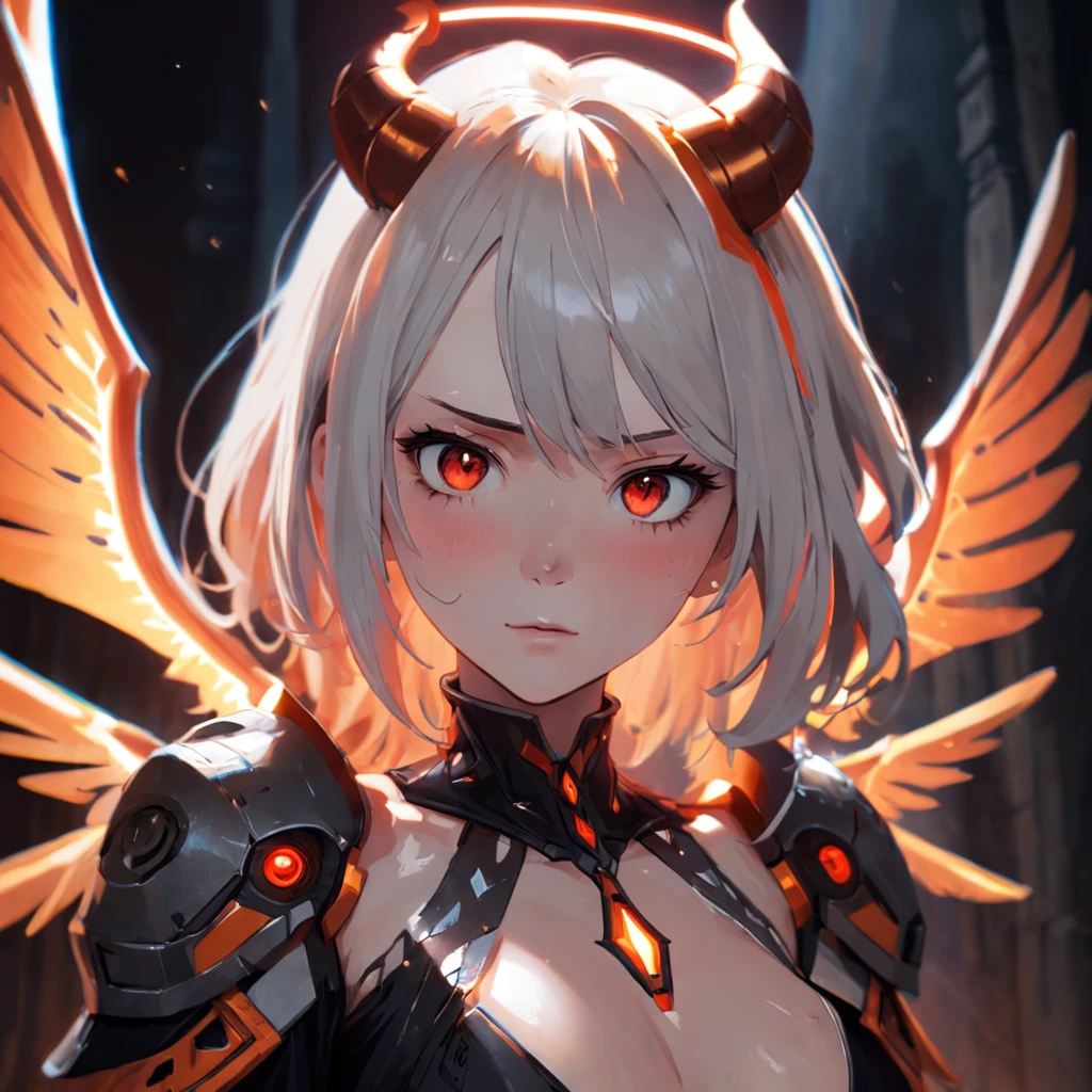 Close-up of a portrait of a woman,cyber punk perssonage,Wings of Magic,The devil incarnate,Dramatic lighting,((((Half-life image on the front)))),Red and blue lights,darkly,divino,perfect compositions,cinmatic lighting,Ultra-delicate skin,Magical world,in the dark castle,A combination of magic and alien technology,Wings,sportrait,whaite hair,Feathered wings,Magic and newcomers combined,Woman bust,mistic,Beutiful women,Dark environment,Divine light,cinematic compositions,perfect compositions,softlighting,Detail light,Playful smile,(Many award-winning masterpieces,The details are incredible, textures and maximum detail), (Hyper-realistic: 1.4), (Realistic: 1.3), ((((Front bust)))))(cyber punk perssonage),Wings,Castle building,Mechanical dare,A combination of futuristic technology and magic,(Highest quality authentic textured skin), Fantasy theme, Black clothes, Black cloak, Network elements, Red light, Blue light, finerly detailed face, ((medieval world)),A close-up of a woman,(Lord's Flame Demon)), (((Lord's Hellfire Demon))) (With a mischievous smile on his face), (Glowing eyes in the dark: 1.5), (A pair of black eyes,A strong red light is emitted from the inside) :1.5), (full-body standing image: 1.5), (Dramaticlight), Wings, (A majestic sight), (Her face is gentle and beautiful, but somehow terrifying), Ears Wear glass earrings, (Dramatic photo: 1.4), (Full body portrait: 1.5), ((dramatic pose)), (blond hairbl), (Silver hair), (Maroon hair), Short hair, ((Looking up)) , ((Look down)), (A simple necklace of exquisite workmanship hangs around the neck), (Bioluminescence that emits a bright glow: 1.3), (Use gorgeous fire magic: 1.2), (swirling fire), Devil's Cathedral, The Devil's Grand Shrine, great temple, great cathedral, Temple ruins, Freestanding temple, (Luminous magic circle), Ancient Castle Site, Shine majestic clouds and sky, Lightning, Epic reality, fading, art, (greg rutkovsky: 0.8), (Teal and orange: 0.4), (art stations: 1.5), Cinematic, ((com cores neutr
