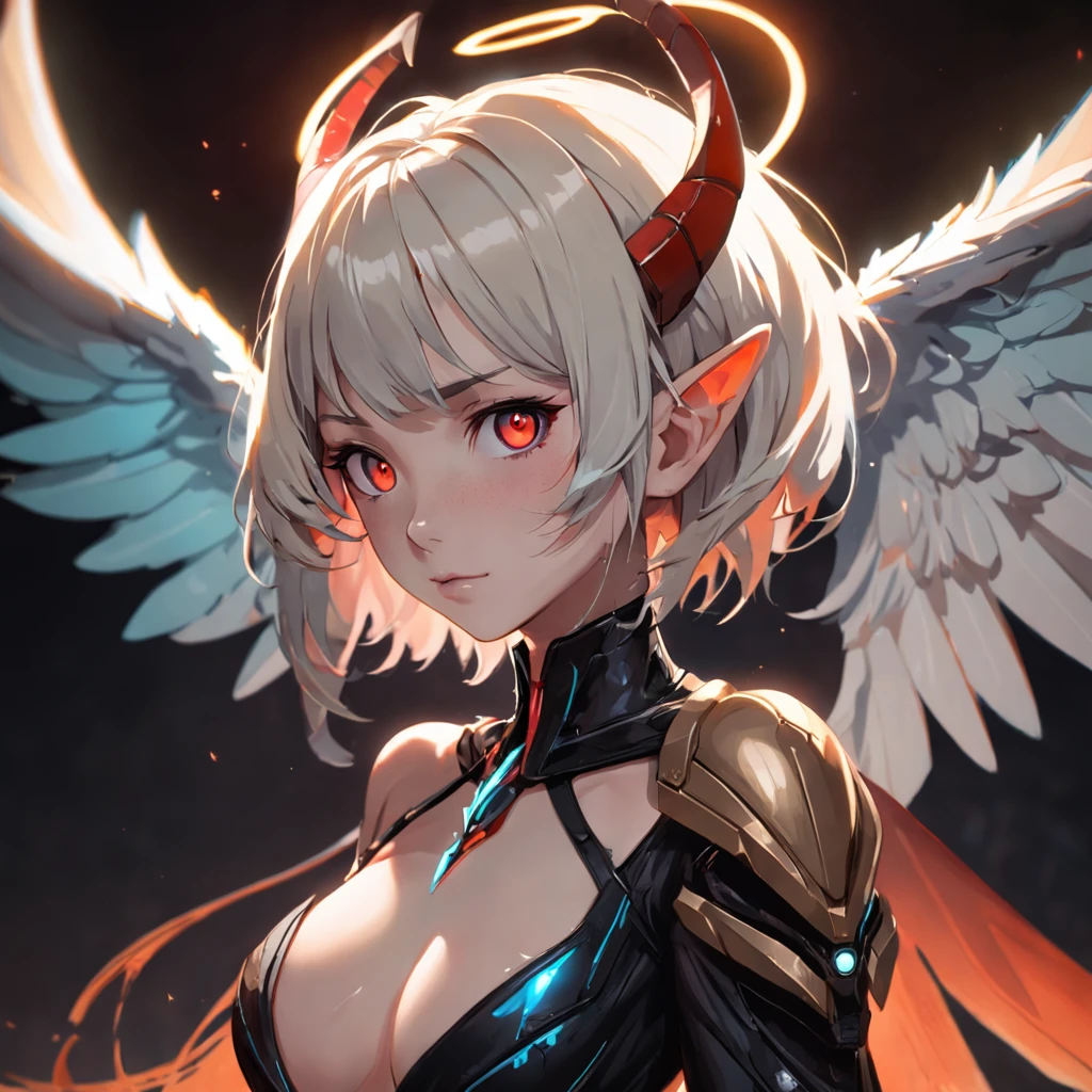 Close-up of a portrait of a woman,cyber punk perssonage,Wings of Magic,The devil incarnate,Dramatic lighting,((((Half-life image on the front)))),Red and blue lights,darkly,divino,perfect compositions,cinmatic lighting,Ultra-delicate skin,Magical world,in the dark castle,A combination of magic and alien technology,Wings,sportrait,whaite hair,Feathered wings,Magic and newcomers combined,Woman bust,mistic,Beutiful women,Dark environment,Divine light,cinematic compositions,perfect compositions,softlighting,Detail light,Playful smile,(Many award-winning masterpieces,The details are incredible, textures and maximum detail), (Hyper-realistic: 1.4), (Realistic: 1.3), ((((Front bust)))))(cyber punk perssonage),Wings,Castle building,Mechanical dare,A combination of futuristic technology and magic,(Highest quality authentic textured skin), Fantasy theme, Black clothes, Black cloak, Network elements, Red light, Blue light, finerly detailed face, ((medieval world)),A close-up of a woman,(Lord's Flame Demon)), (((Lord's Hellfire Demon))) (With a mischievous smile on his face), (Glowing eyes in the dark: 1.5), (A pair of black eyes,A strong red light is emitted from the inside) :1.5), (full-body standing image: 1.5), (Dramaticlight), Wings, (A majestic sight), (Her face is gentle and beautiful, but somehow terrifying), Ears Wear glass earrings, (Dramatic photo: 1.4), (Full body portrait: 1.5), ((dramatic pose)), (blond hairbl), (Silver hair), (Maroon hair), Short hair, ((Looking up)) , ((Look down)), (A simple necklace of exquisite workmanship hangs around the neck), (Bioluminescence that emits a bright glow: 1.3), (Use gorgeous fire magic: 1.2), (swirling fire), Devil's Cathedral, The Devil's Grand Shrine, great temple, great cathedral, Temple ruins, Freestanding temple, (Luminous magic circle), Ancient Castle Site, Shine majestic clouds and sky, Lightning, Epic reality, fading, art, (greg rutkovsky: 0.8), (Teal and orange: 0.4), (art stations: 1.5), Cinematic, ((com cores neutr