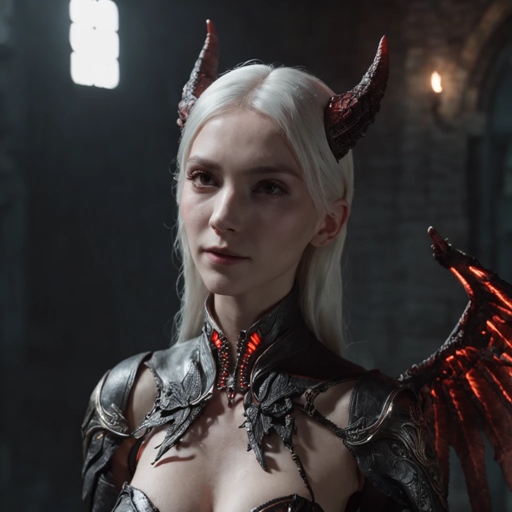 Close-up of a portrait of a woman,cyber punk perssonage,Wings of Magic,The devil incarnate,Dramatic lighting,((((Half-life image on the front)))),Red and blue lights,darkly,divino,perfect compositions,cinmatic lighting,Ultra-delicate skin,Magical world,in the dark castle,A combination of magic and alien technology,Wings,sportrait,whaite hair,Feathered wings,Magic and newcomers combined,Woman bust,mistic,Beutiful women,Dark environment,Divine light,cinematic compositions,perfect compositions,softlighting,Detail light,Playful smile,(Many award-winning masterpieces,The details are incredible, textures and maximum detail), (Hyper-realistic: 1.4), (Realistic: 1.3), ((((Front bust)))))(cyber punk perssonage),Wings,Castle building,Mechanical dare,A combination of futuristic technology and magic,(Highest quality authentic textured skin), Fantasy theme, Black clothes, Black cloak, Network elements, Red light, Blue light, finerly detailed face, ((medieval world)),A close-up of a woman,(Lord's Flame Demon)), (((Lord's Hellfire Demon))) (With a mischievous smile on his face), (Glowing eyes in the dark: 1.5), (A pair of black eyes,A strong red light is emitted from the inside) :1.5), (full-body standing image: 1.5), (Dramaticlight), Wings, (A majestic sight), (Her face is gentle and beautiful, but somehow terrifying), Ears Wear glass earrings, (Dramatic photo: 1.4), (Full body portrait: 1.5), ((dramatic pose)), (blond hairbl), (Silver hair), (Maroon hair), Short hair, ((Looking up)) , ((Look down)), (A simple necklace of exquisite workmanship hangs around the neck), (Bioluminescence that emits a bright glow: 1.3), (Use gorgeous fire magic: 1.2), (swirling fire), Devil's Cathedral, The Devil's Grand Shrine, great temple, great cathedral, Temple ruins, Freestanding temple, (Luminous magic circle), Ancient Castle Site, Shine majestic clouds and sky, Lightning, Epic reality, fading, art, (greg rutkovsky: 0.8), (Teal and orange: 0.4), (art stations: 1.5), Cinematic, ((com cores neutr