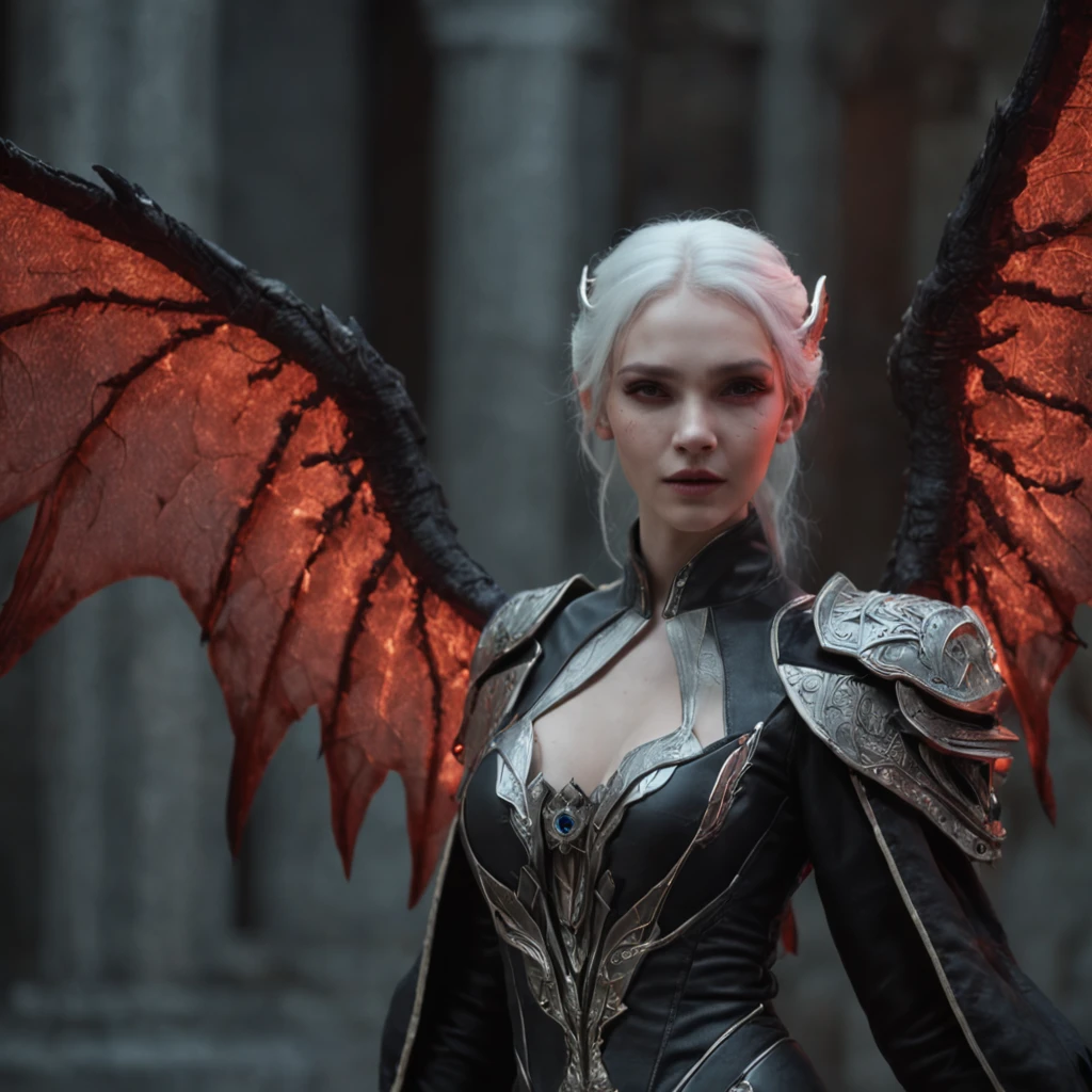 Close-up of a portrait of a woman，cyber punk perssonage，Wings of Magic，The devil incarnate，Dramatic lighting，((((Half-life image on the front)))),Red and blue lights，darkly，divino，perfect compositions，cinmatic lighting，Ultra-delicate skin，Magical world，in the dark castle，A combination of magic and alien technology，Wings，sportrait，whaite hair，Feathered wings，Magic and newcomers combined，Woman bust，mistic，Beutiful women，Dark environment，Divine light，cinematic compositions，perfect compositions，softlighting，Detail light，Playful smile,(Many award-winning masterpieces，The details are incredible, textures and maximum detail), (Hyper-realistic: 1.4), (Realistic: 1.3), ((((Front bust)))))（cyber punk perssonage），Wings，Castle building，Mechanical dare，A combination of futuristic technology and magic，(Highest quality authentic textured skin), Fantasy theme, Black clothes, Black cloak, Network elements, Red light, Blue light, finerly detailed face, ((medieval world)),A close-up of a woman，(Lord's Flame Demon)), (((Lord's Hellfire Demon))) (With a mischievous smile on his face), (Glowing eyes in the dark: 1.5), (A pair of black eyes，A strong red light is emitted from the inside) :1.5), (full-body standing image: 1.5), (Dramaticlight), Wings, (A majestic sight), (Her face is gentle and beautiful, but somehow terrifying), Ears Wear glass earrings, (Dramatic photo: 1.4), (Full body portrait: 1.5), ((dramatic pose)), (blond hairbl), (Silver hair), (Maroon hair), Short hair, ((Looking up)) , ((Look down)), (A simple necklace of exquisite workmanship hangs around the neck), (Bioluminescence that emits a bright glow: 1.3), (Use gorgeous fire magic: 1.2), (swirling fire), Devil's Cathedral, The Devil's Grand Shrine, great temple, great cathedral, Temple ruins, Freestanding temple, (Luminous magic circle), Ancient Castle Site, Shine majestic clouds and sky, Lightning, Epic reality, fading, art, (greg rutkovsky: 0.8), (Teal and orange: 0.4), (art stations: 1.5), Cinematic, ((com cores neutr