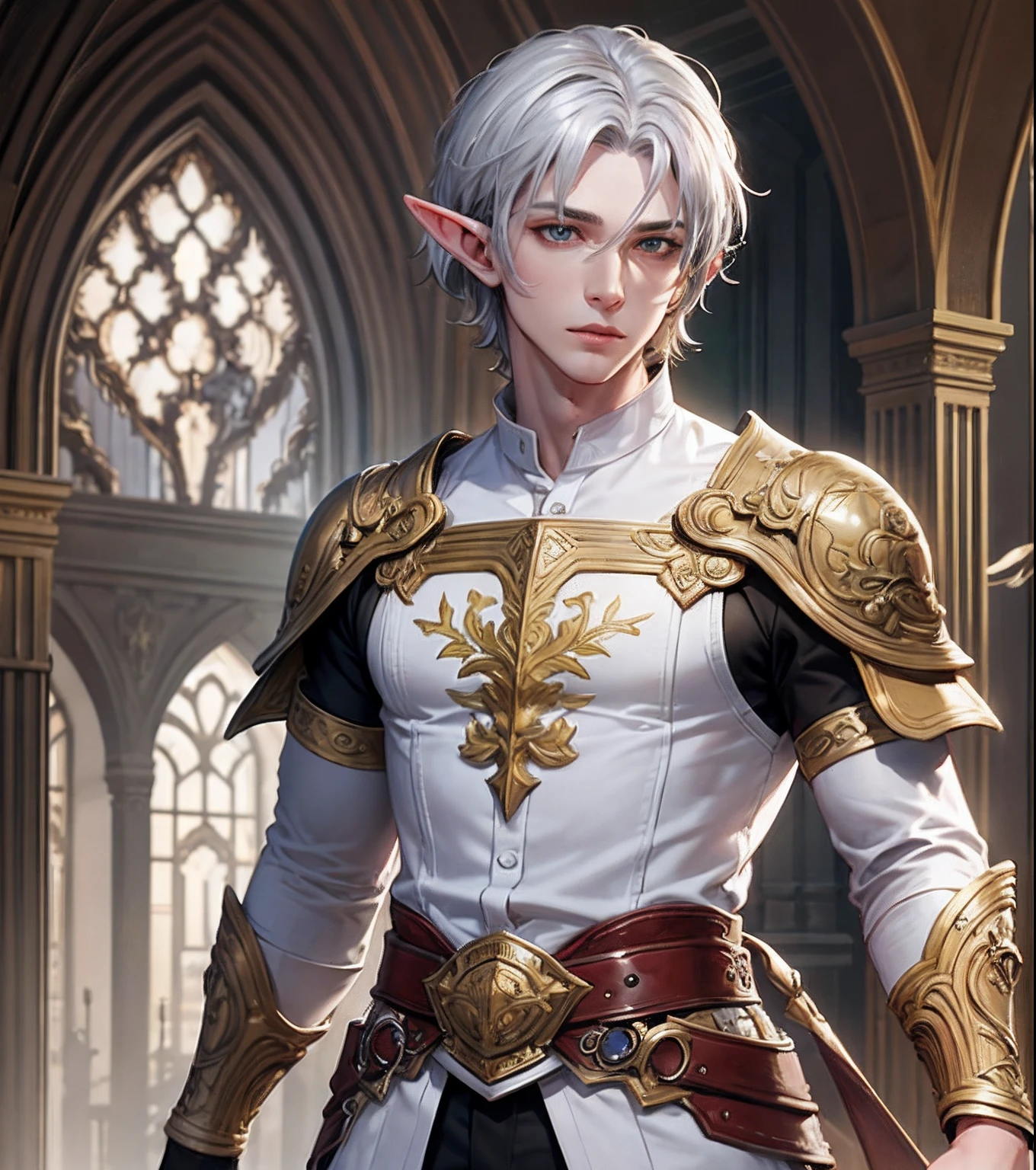 masterpiece, best quality, 1 male, young adult, tall lean, short hair, elf, artificer, handsome, finely detailed eyes, intricate details, solo, upper body, detailed background, detailed face, (white shirt:1.1), intricate outfit, silver hair, green eyes, realistic lighting