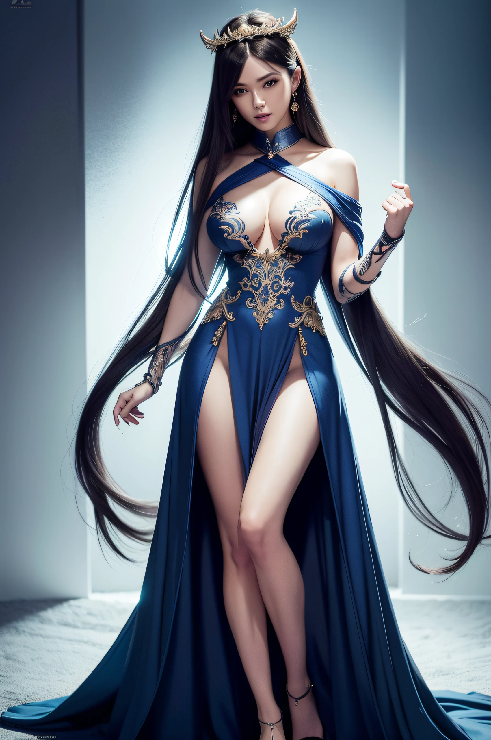 full body shot shot,full bodyesbian,A gorgeous goddess with few clothes,insanely details,Exquisite facial features,Super beautiful breasts:8.0,Slender legs,(Large buttocks and round breasts)S-shaped body,Big bright eyes,long hair flowing,Highly detailed and ultra-realistic drawing,intricately details, The is very detailed, concept-art,Works of masters,8K分辨率,high detal,Contour light,Cinematic lighting,metallic luster,Ambient lighting,dream magical,detailed and complex environment