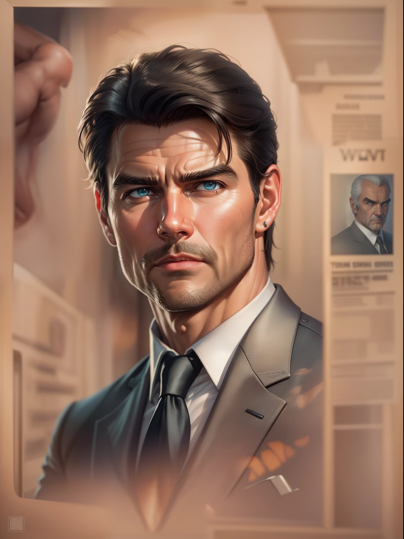 Special Agent Handsome, steals a top-secret scheme, Around lasers, tmasterpiece, ultra-detailing heperrealism, Tom Cruise, Sean Connery