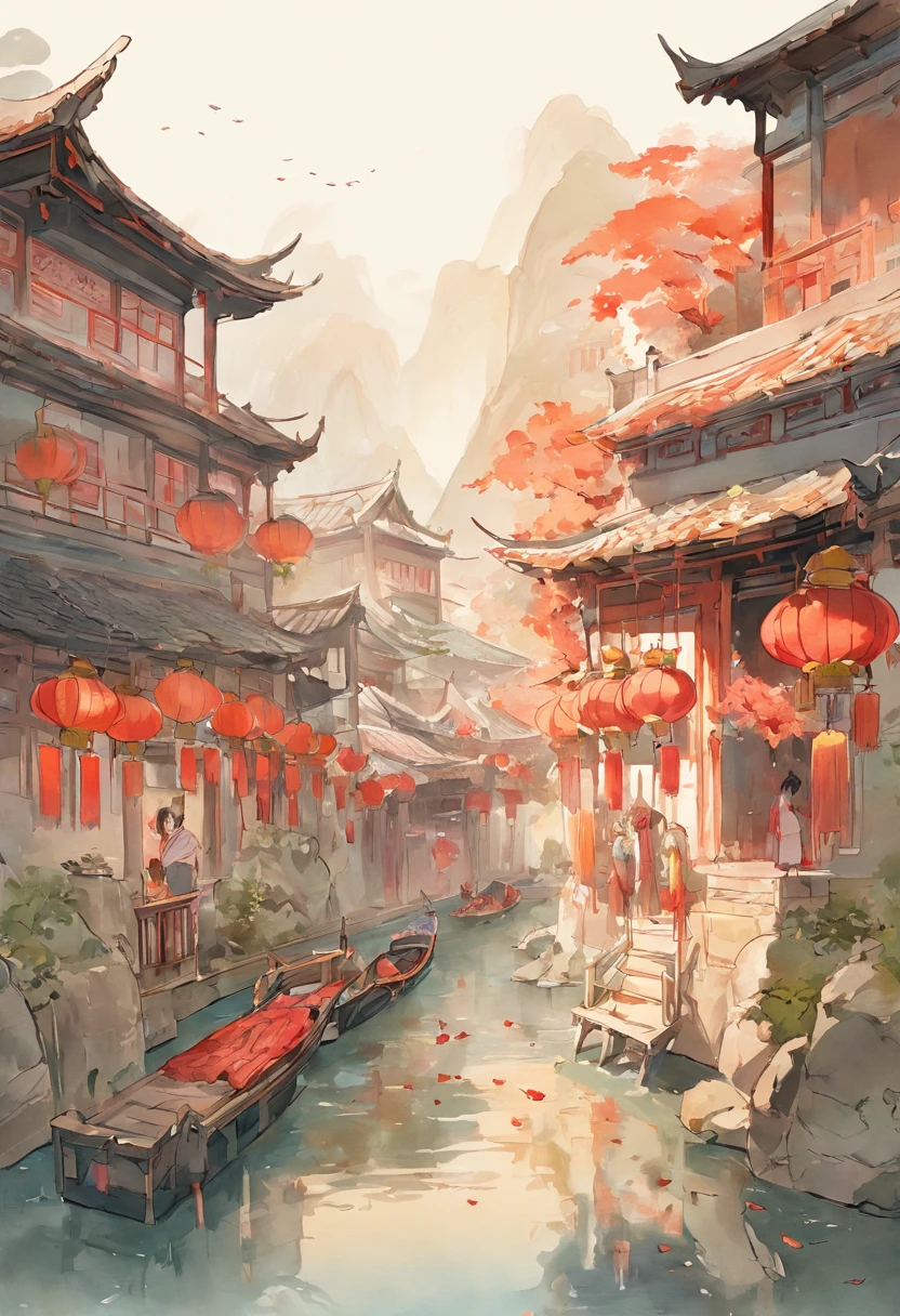 Art graphics, Big fish begonia illustration style,River paintings of boats and buildings in the background, chinese artist, Chinese watercolor painting, Chinese Ancient Architecture, landscape artwork, Chinese watercolor style, dreamy Chinese towns, Chinese Village, Chinese watercolor painting, author:Shen Shizhen's highly detailed cleaning, Vector Image,