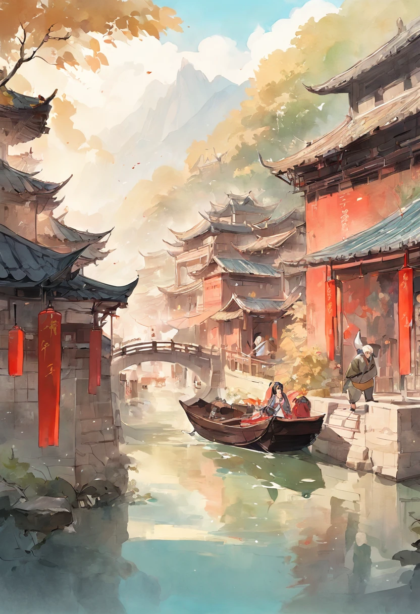 Art graphics, Big fish begonia illustration style,River paintings of boats and buildings in the background, chinese artist, Chinese watercolor painting, Chinese Ancient Architecture, landscape artwork, Chinese watercolor style, dreamy Chinese towns, Chinese Village, Chinese watercolor painting, author:Shen Shizhen's highly detailed cleaning, Vector Image,