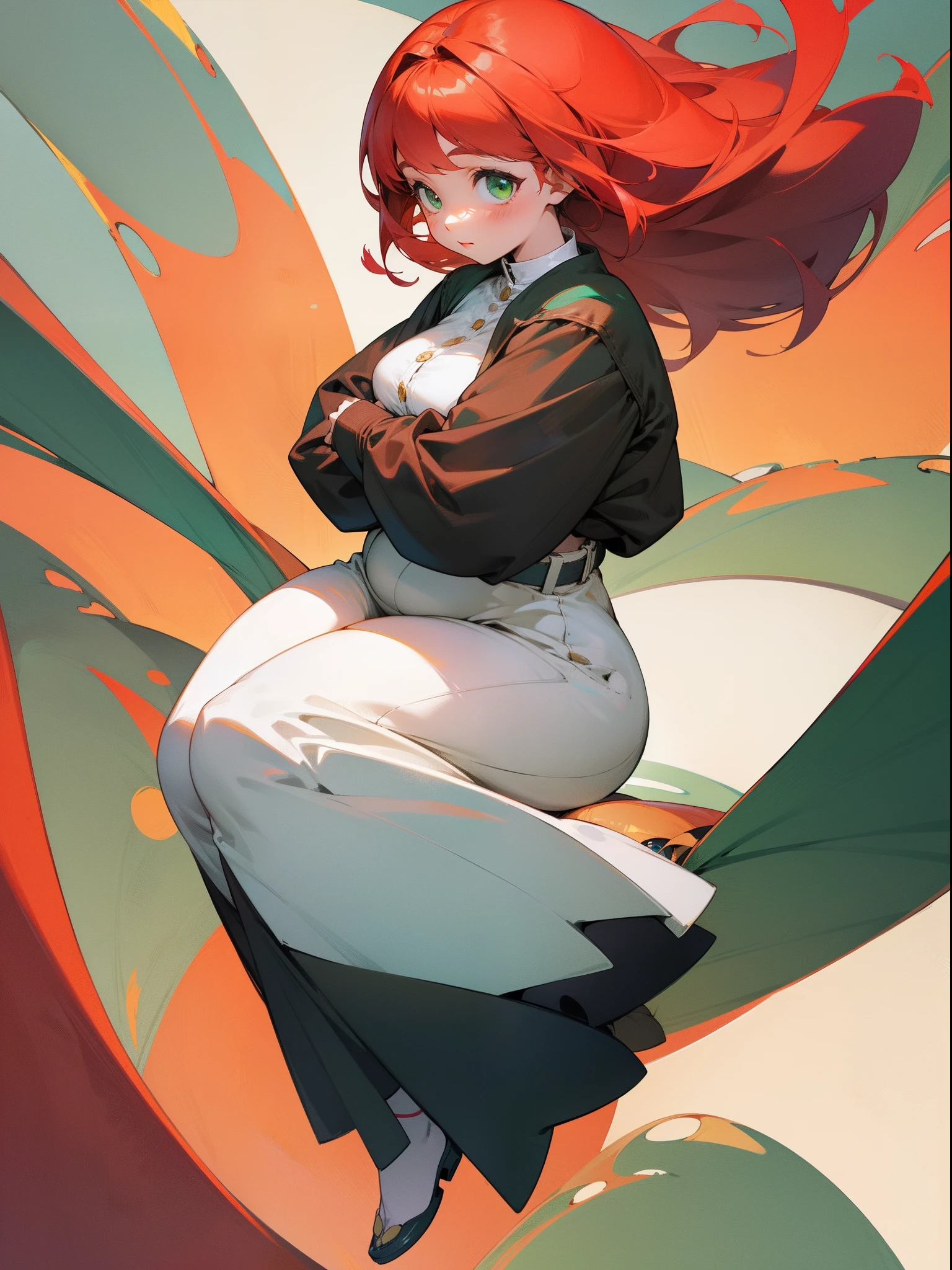 ((Best quality)), 1girl, (overweight), red hair, green eyes, full body